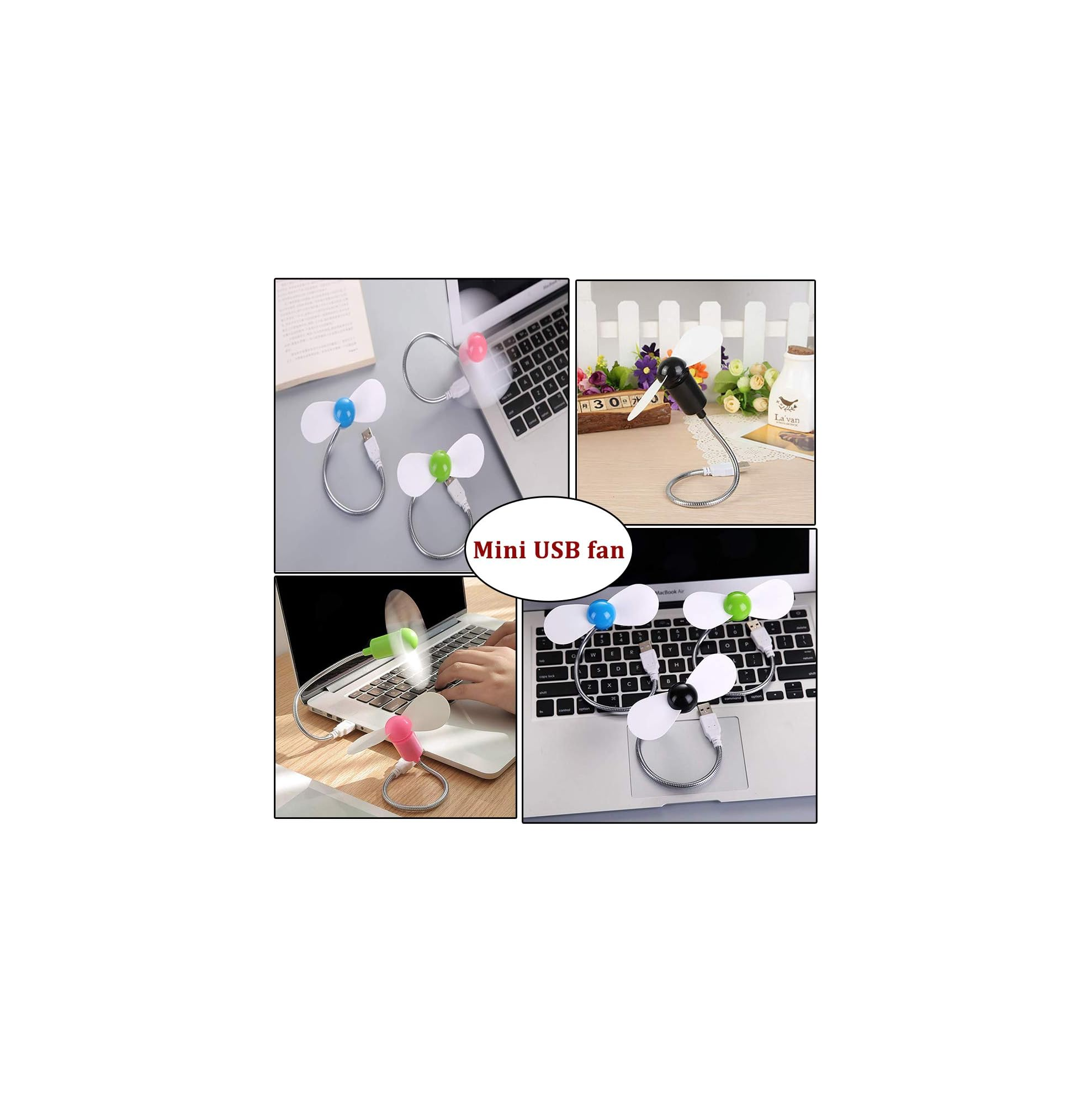 Mini-USB-Ventilatoren mit flexiblen Schwanenhals-Kabeln, die an Laptops angeschlossen sind.