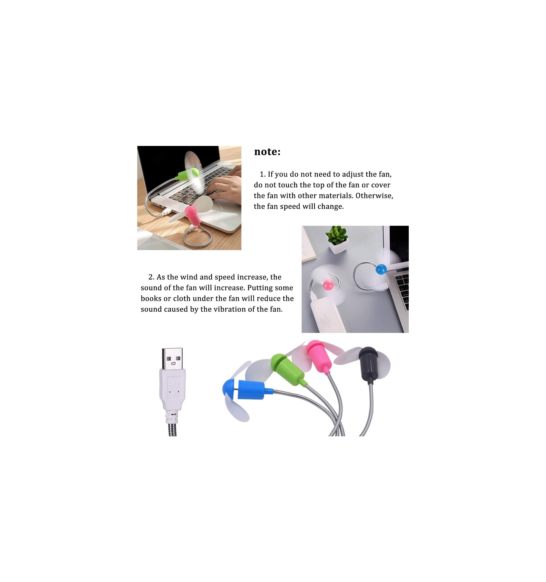 Mehrere USB-Mini-Ventilatoren in Blau, Grün, Pink und Schwarz auf flexiblen Stielen.