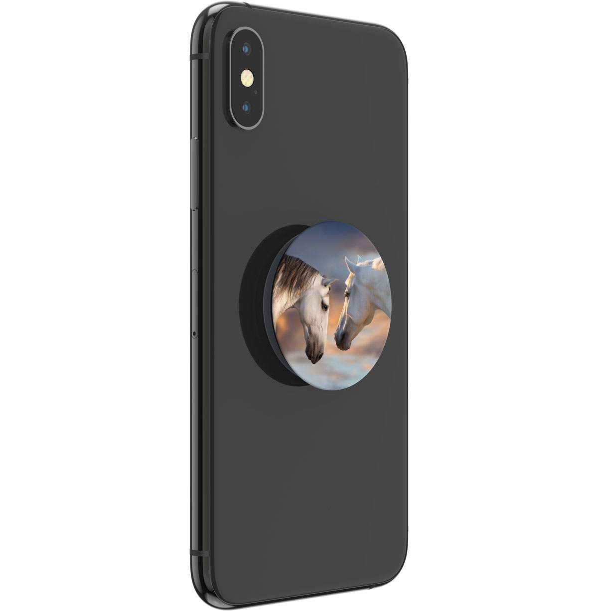Zwei Pferdeköpfe auf einem schwarzen Handy.