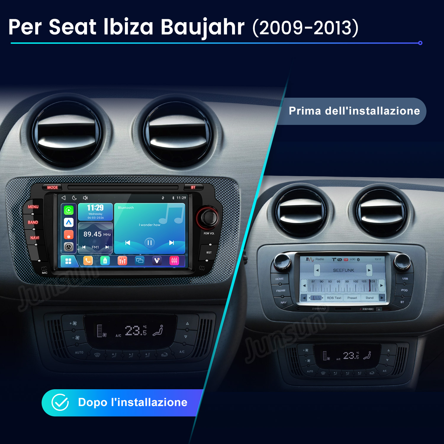 Confronto prima/dopo del sistema di infotainment Seat Ibiza (2009-2013).