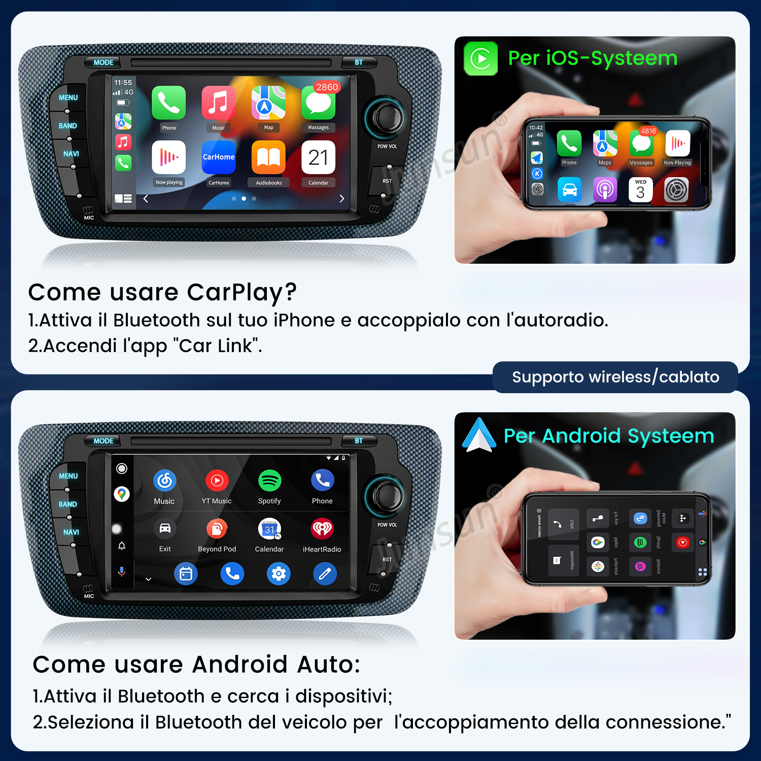Display auto con interfacce CarPlay e Android Auto e istruzioni.