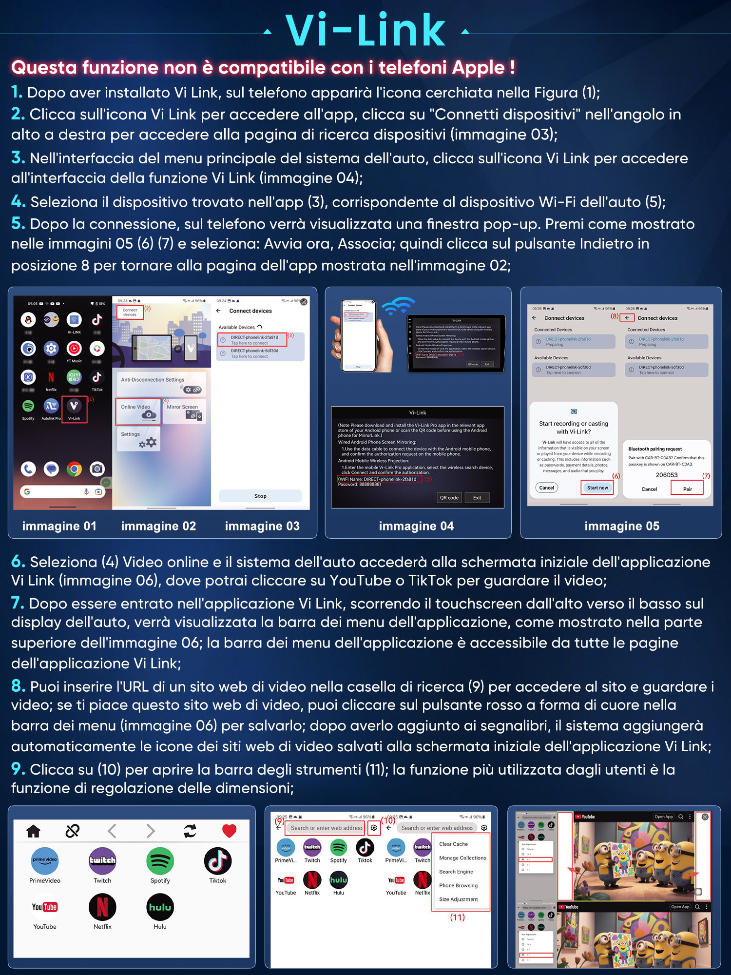 Screenshot mostrano la connessione e l'uso dell'app Vi-Link su telefono e auto.