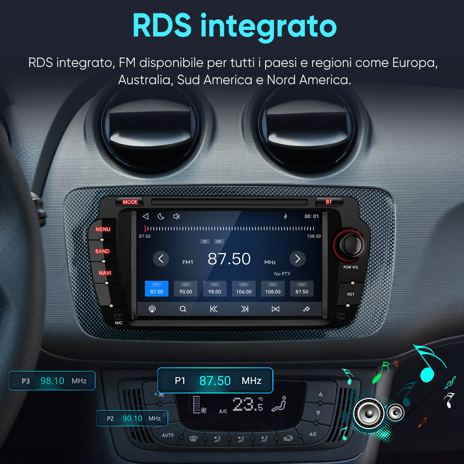 Cruscotto auto con impianto stereo che mostra stazioni FM. Comandi clima sotto.