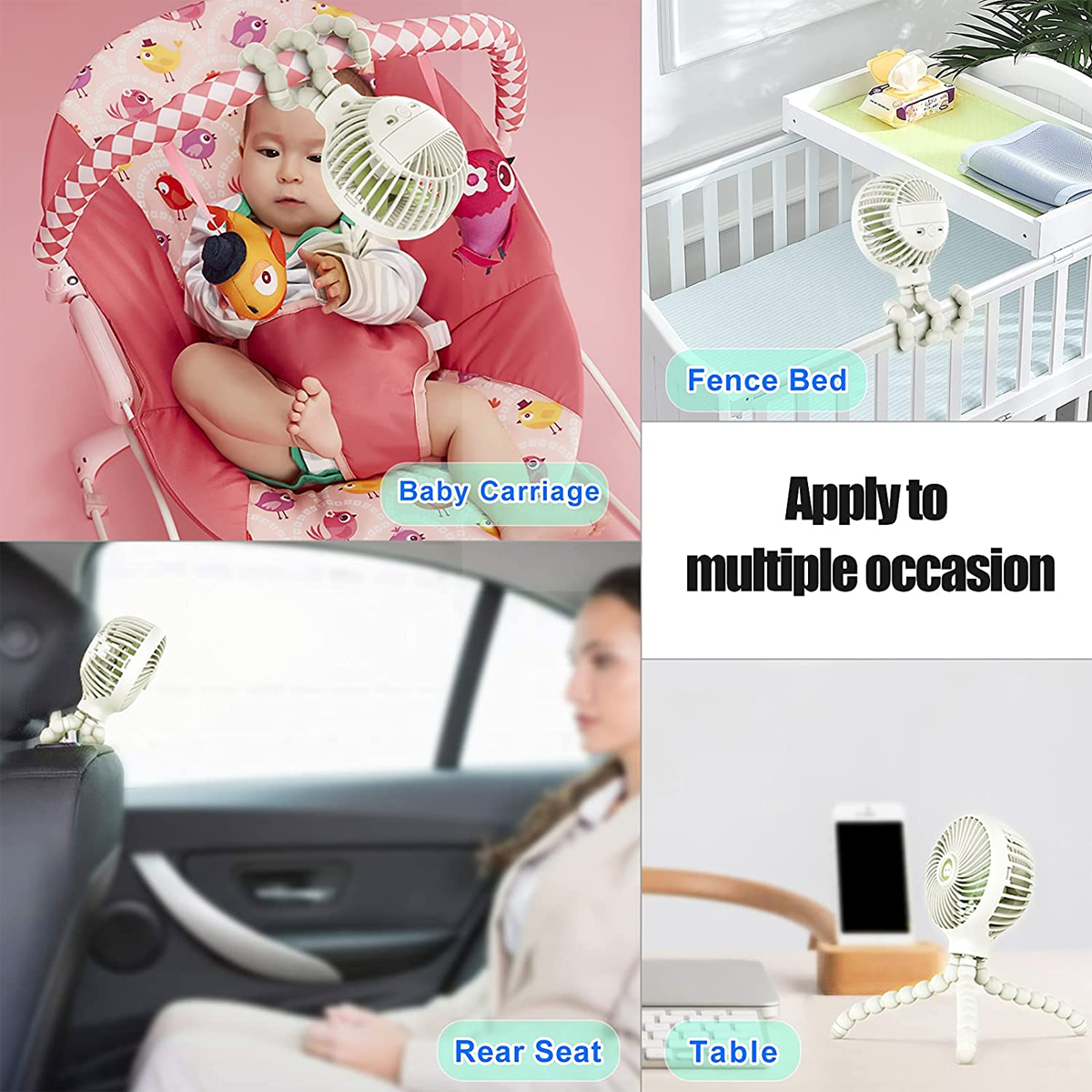 Ein Baby im Kinderwagen, ein Ventilator am Kinderwagen, ein Ventilator am Bettgitter, ein Ventilator im Auto, ein Ventilator auf dem Tisch.