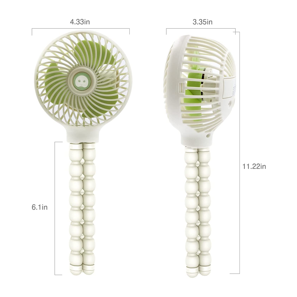 Ein weißer Handventilator mit grünem Rotor und biegsamem Griff.