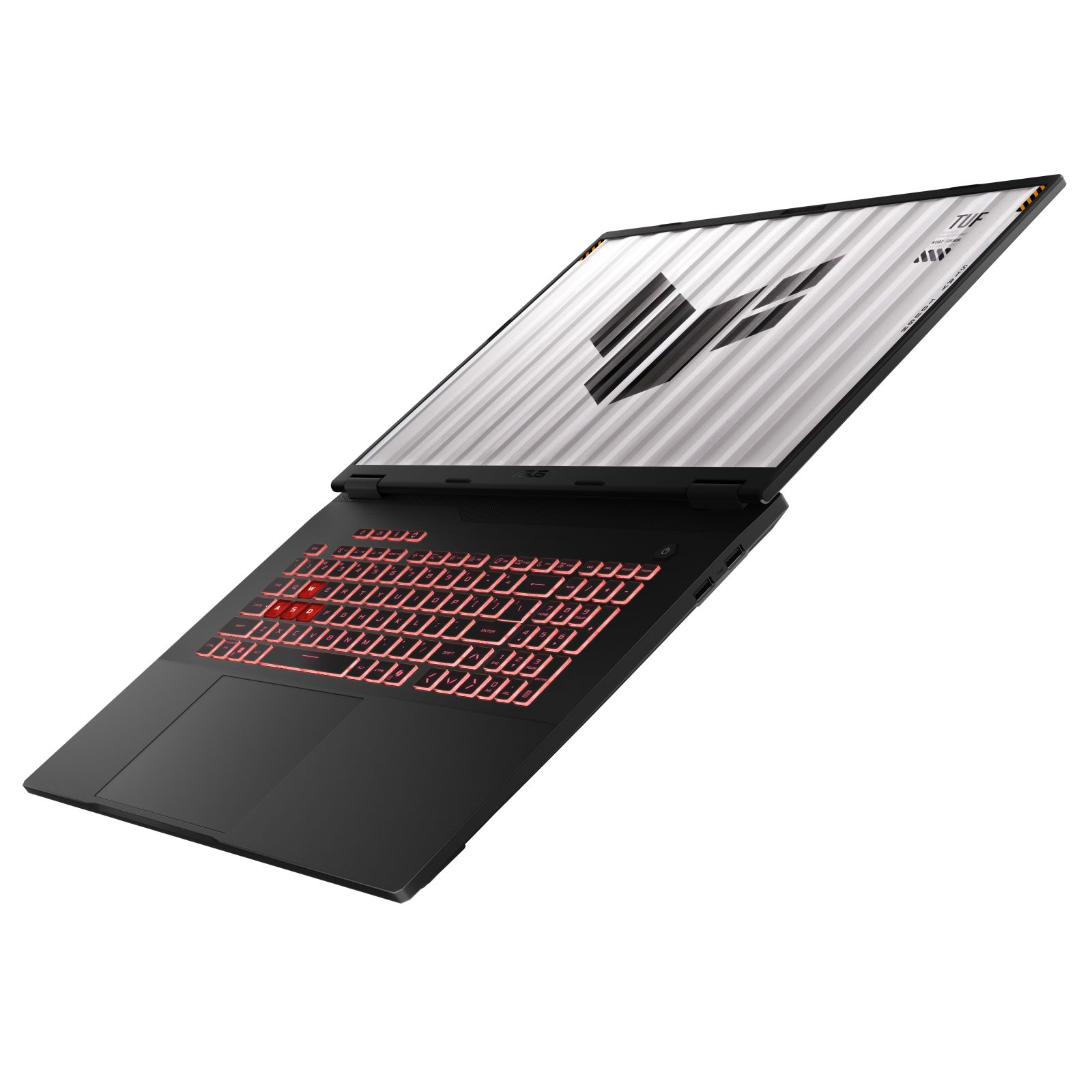 Schwarzer Laptop mit beleuchteter Tastatur und weißem Hintergrund mit Logo.