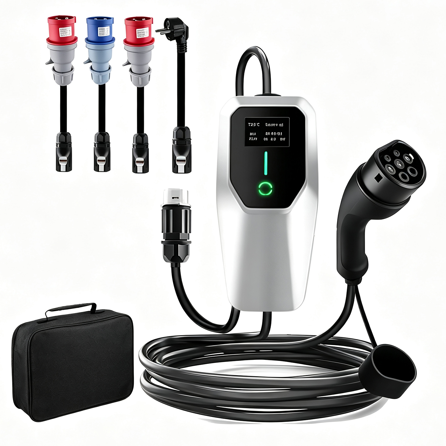 Ladegerät für Elektroautos mit Kabel, Stecker, Adaptern und Tasche.