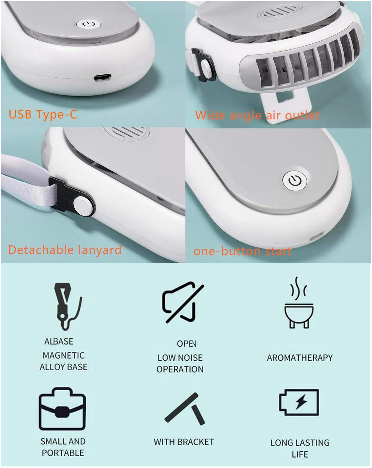 Ein weißer und grauer Nackenventilator mit USB-C, breitem Luftauslass und Lanyard.