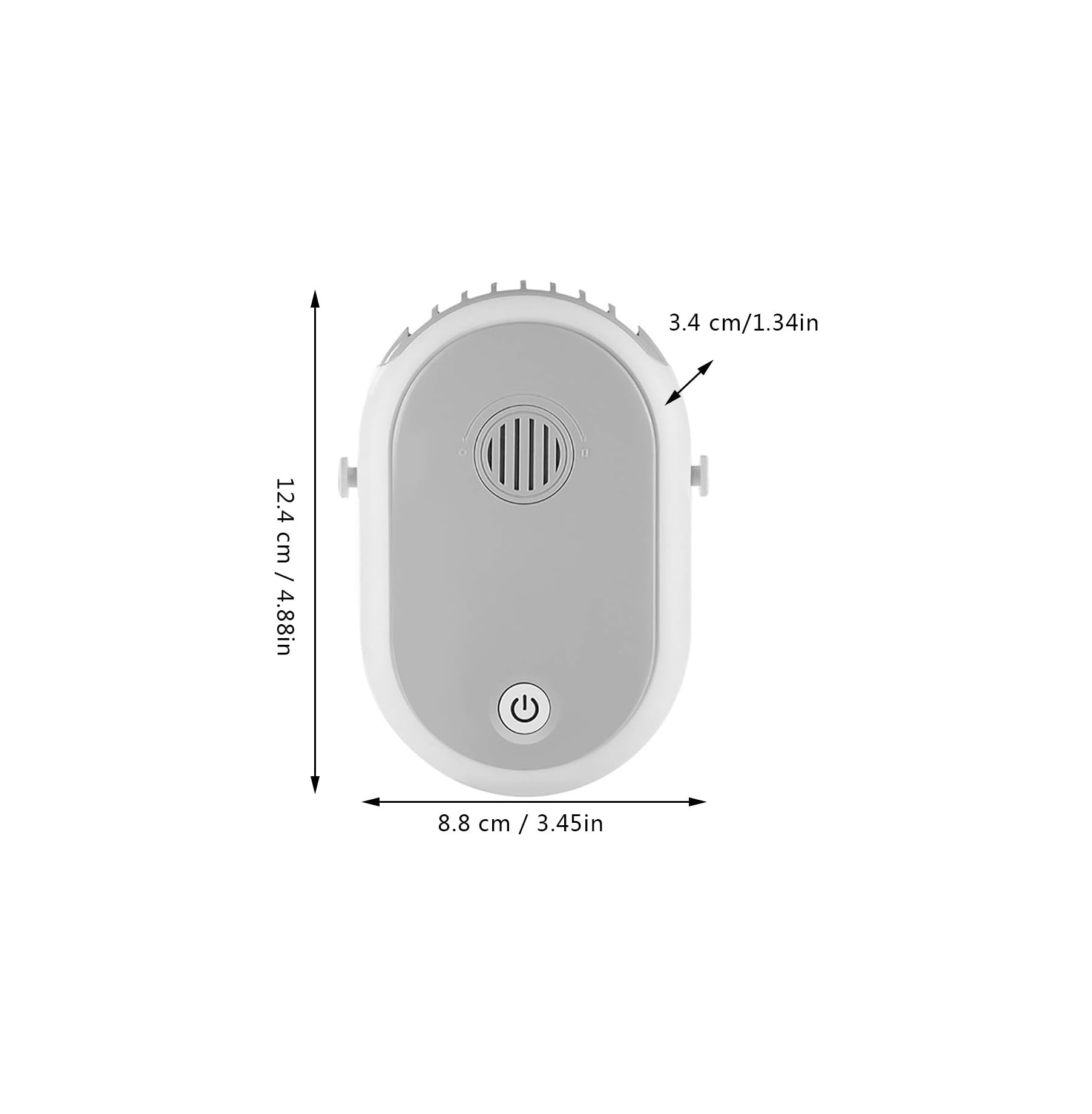 Ovaler weißer Lüfter mit grauer Mitte und Power-Symbol. Maße angegeben.