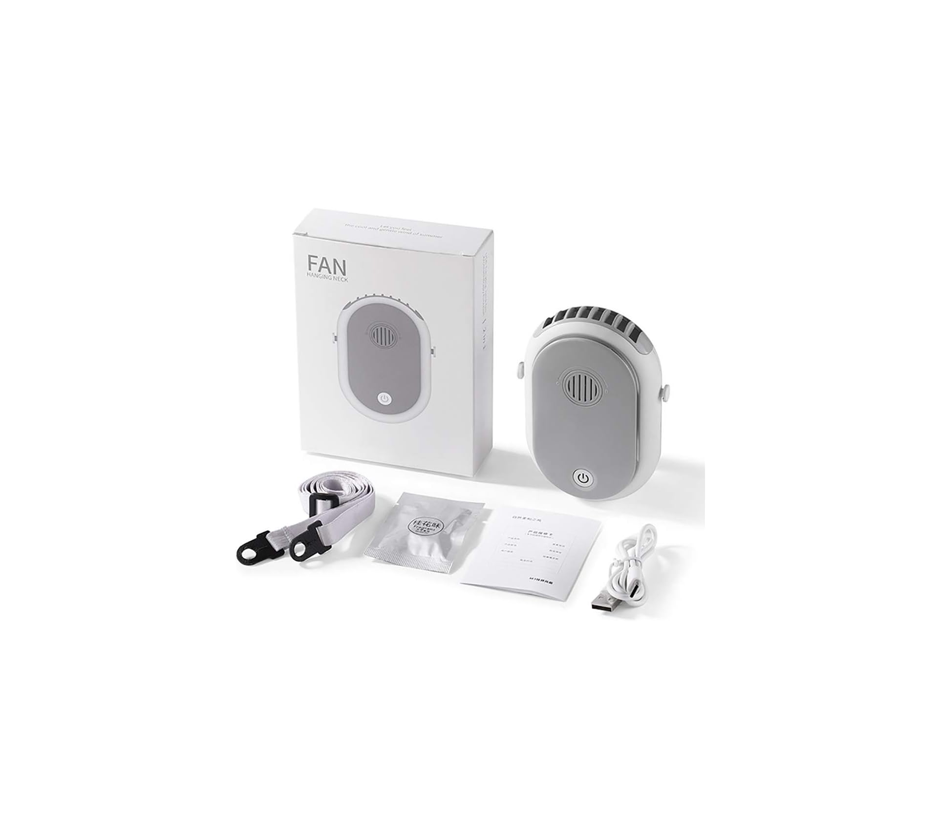 Ein tragbarer Nackenventilator, Verpackung, Lanyard, USB-Kabel und Anleitung.
