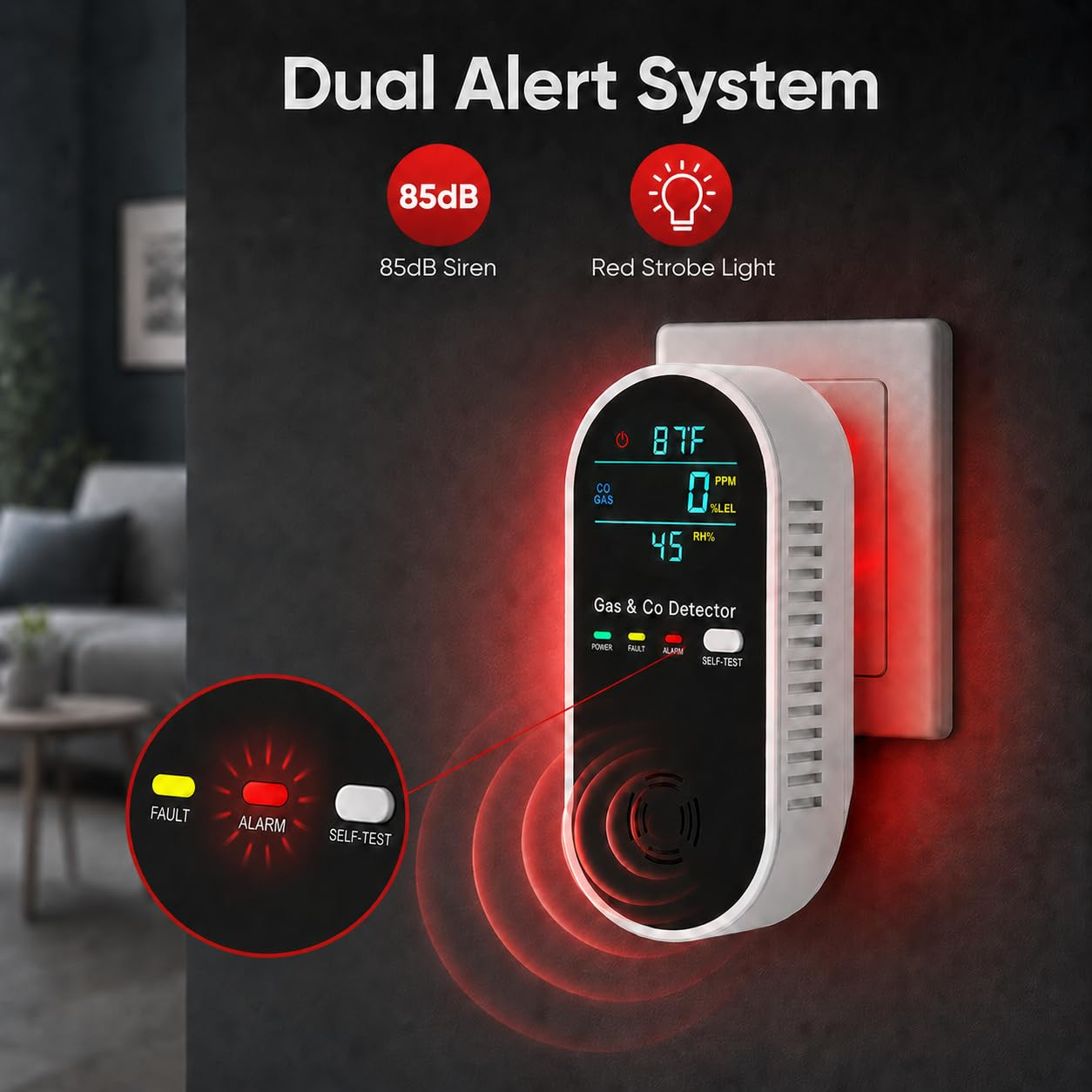 Ein weißer Gas- und CO-Detektor mit digitalem Display, der in eine Steckdose gesteckt ist.