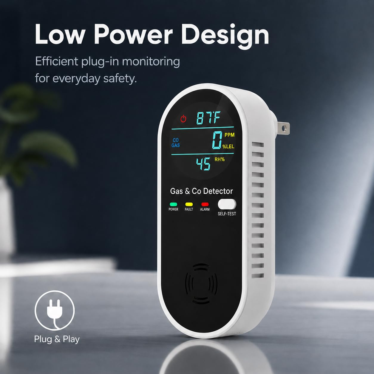 Gas- & CO-Detektor zeigt 87F, 0% LEL, 45% RH. Plug & Play Design.