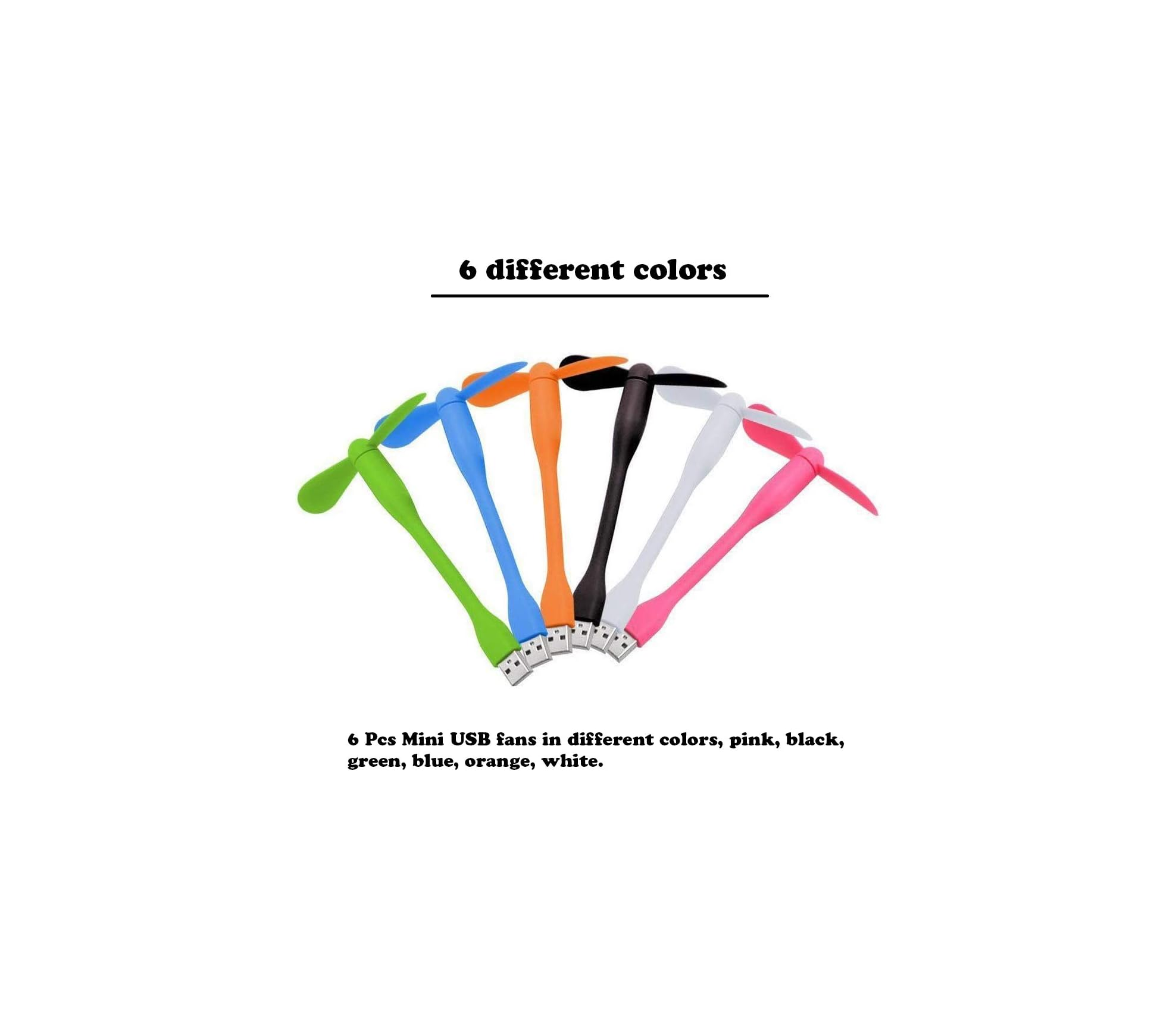 6 Mini-USB-Lüfter in Pink, Schwarz, Grün, Blau, Orange, Weiß.