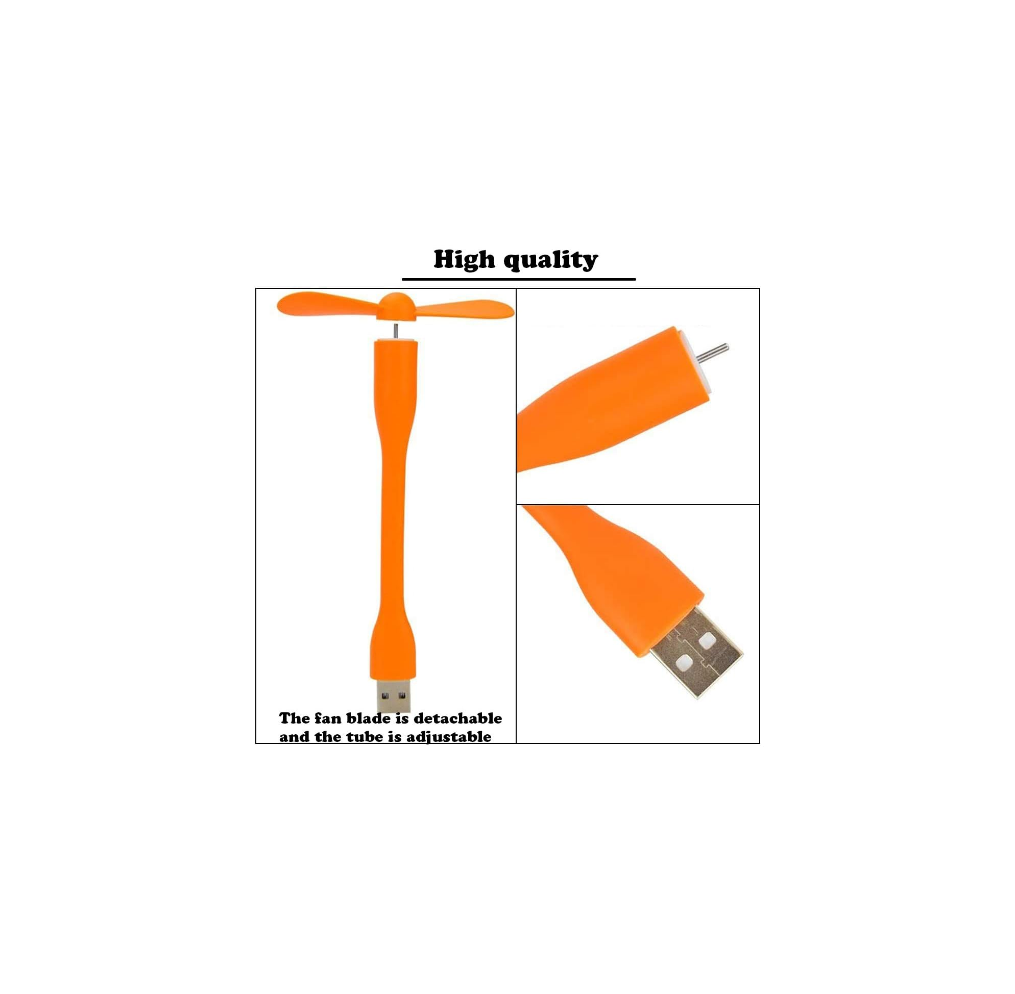 Ein orangefarbener USB-Mini-Ventilator mit flexibler Halterung und abnehmbaren Flügeln.