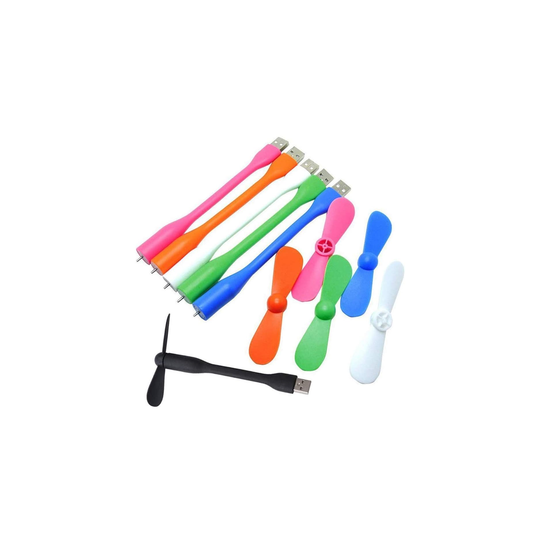 USB-Ventilatoren in Pink, Orange, Weiß, Grün, Blau und Schwarz.