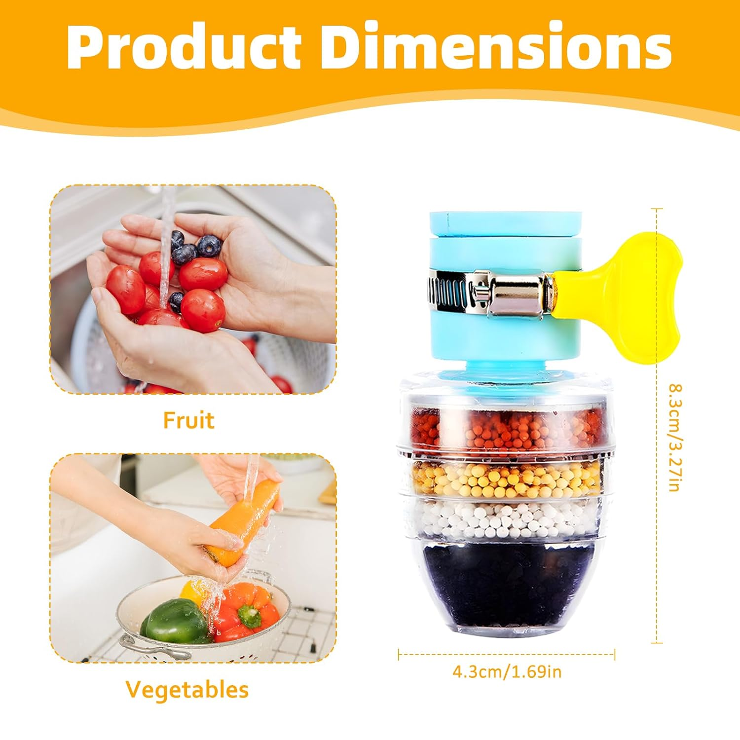 Produktabmessungen: Händewaschen von Obst und Gemüse, Wasserfilter mit Schichten.