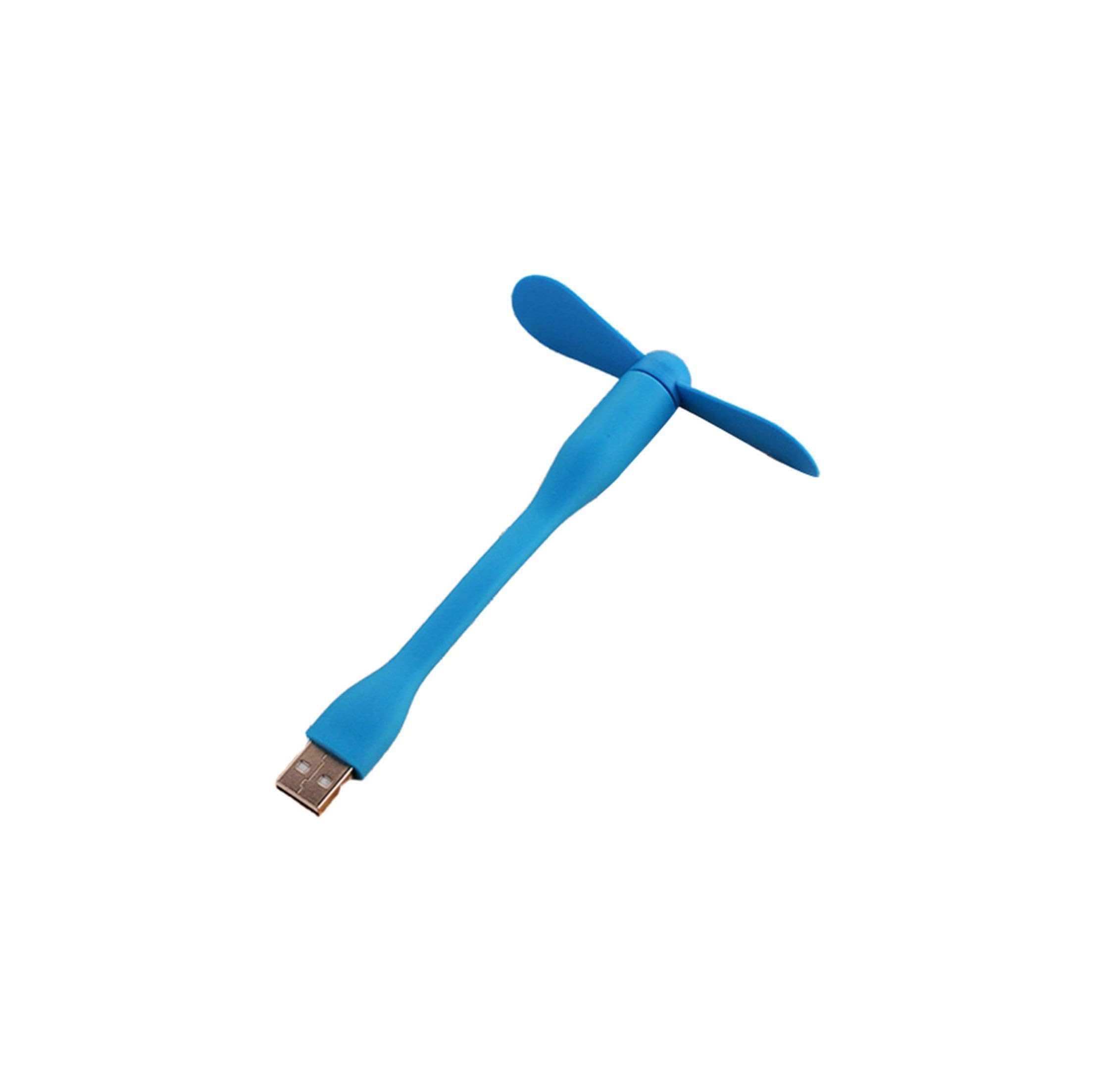 Ein blauer USB-Ventilator mit drehenden Flügeln und einem USB-Anschluss.
