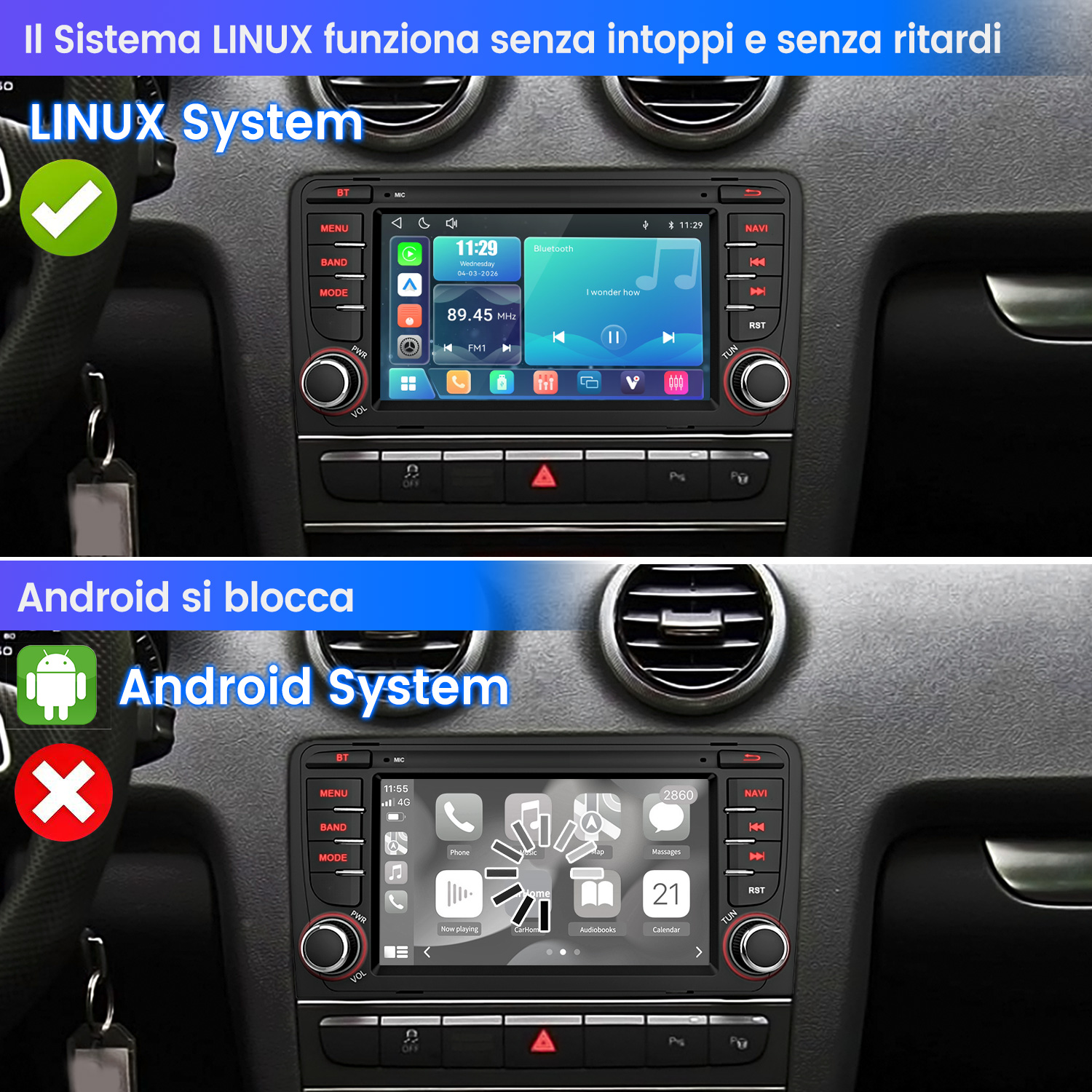 Due autoradio: Sopra Sistema Linux, sotto Sistema Android con errore.