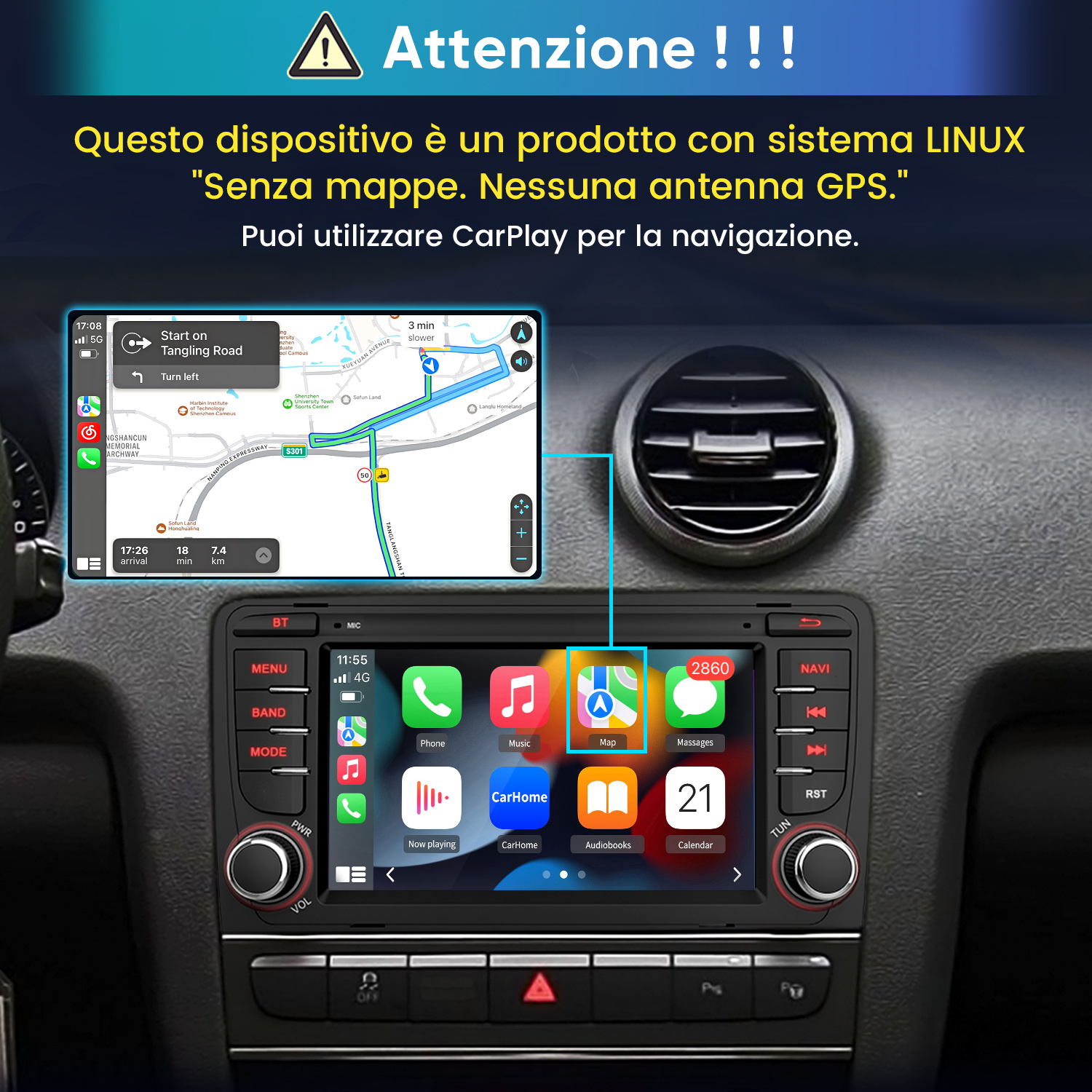 Sistema di infotainment per auto con navigazione e icone di app.