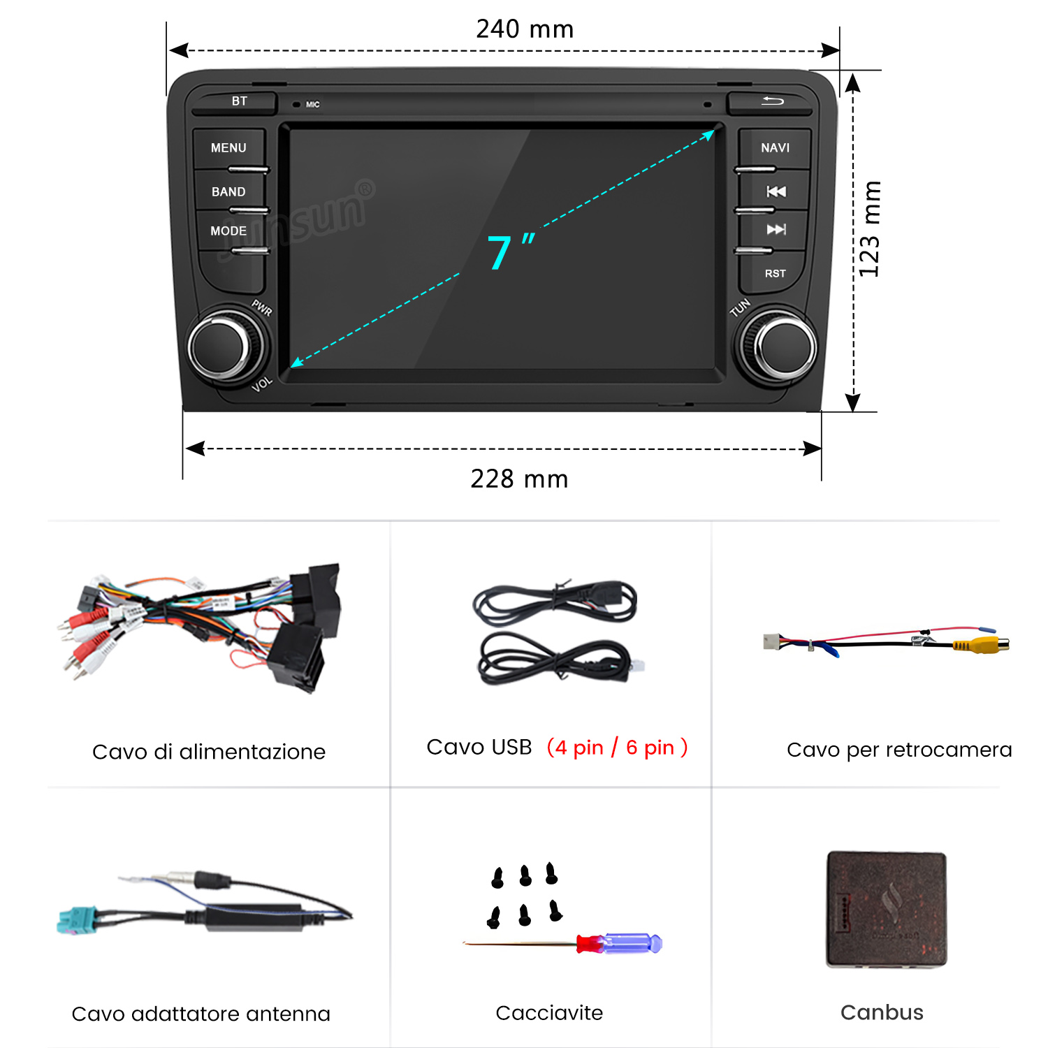 Display autoradio con accessori: cavi, USB, retrocamera, antenna, cacciavite, Canbus.