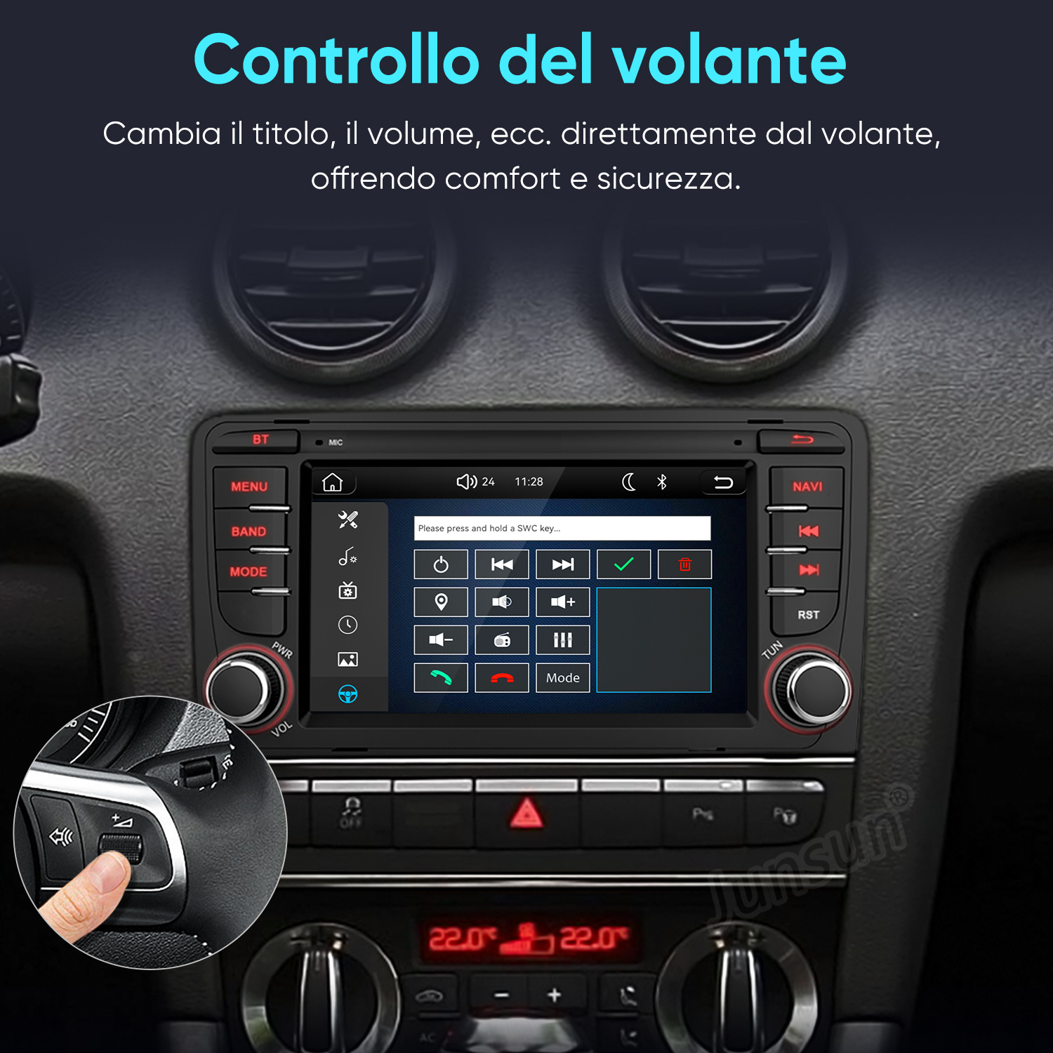 Un dito aziona un pannello di controllo sul volante, che mostra uno schermo stereo per auto.