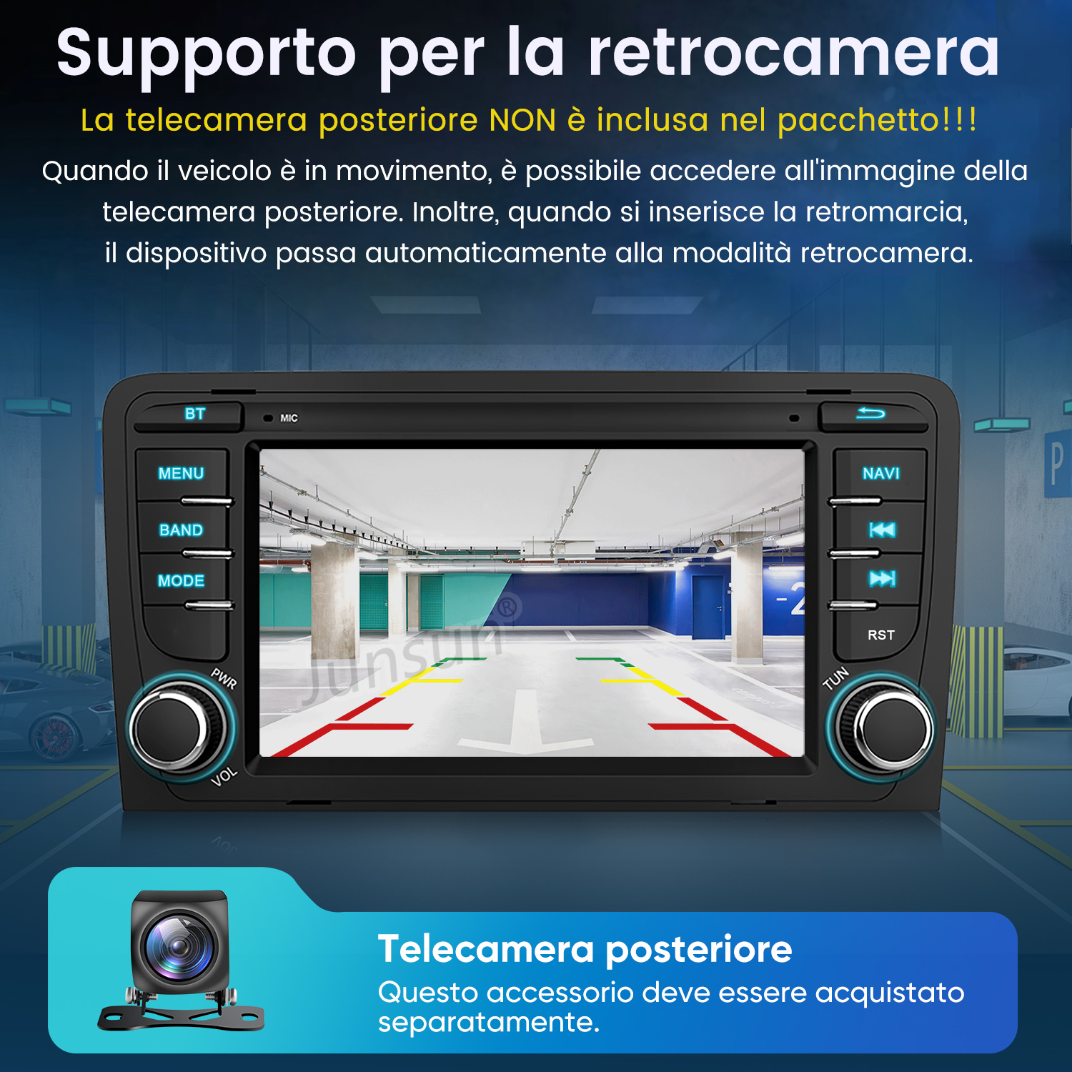 Autoradio con schermo che mostra vista parcheggio. Sotto è mostrata una telecamera separata.