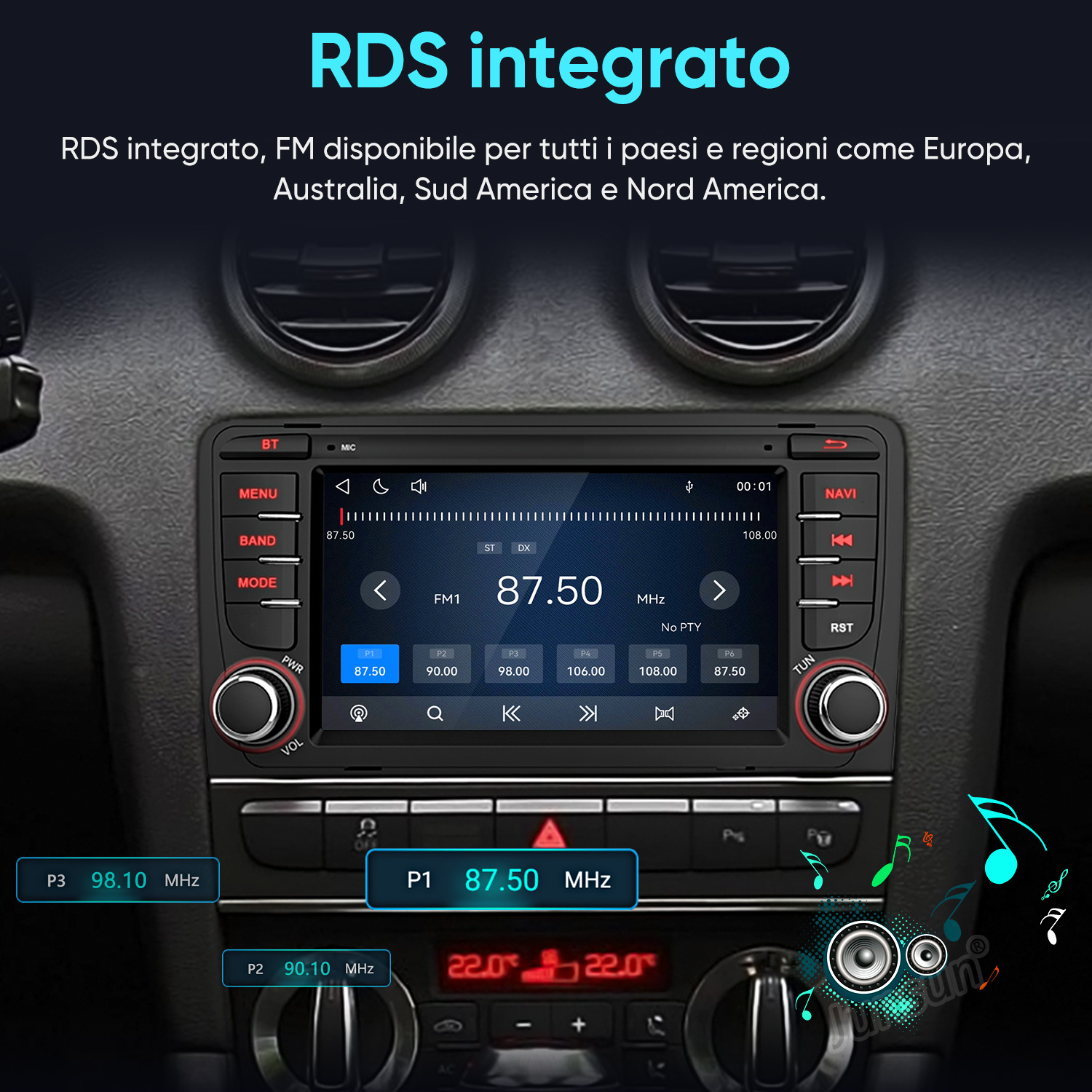 Una radio RDS per auto mostra FM1 a 87,50 MHz con stazioni preimpostate.