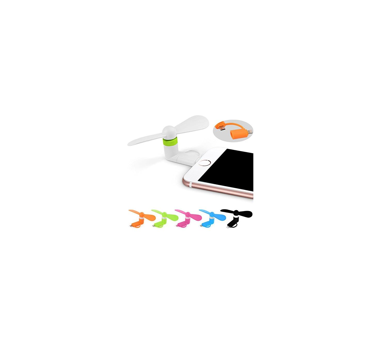 Ein weißer Mini-USB-Ventilator steckt in einem weißen Smartphone. Mehrere bunte Lüfter liegen daneben.