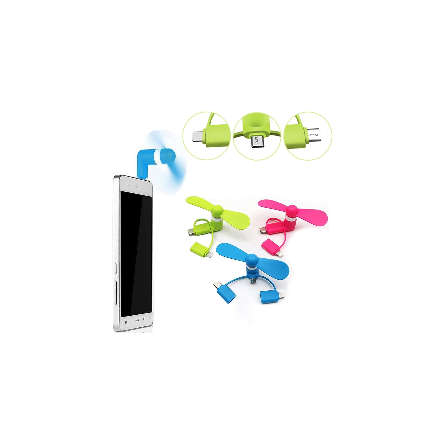 Ein blauer USB-Ventilator dreht sich neben einem Smartphone; drei bunte Lüfter liegen daneben.
