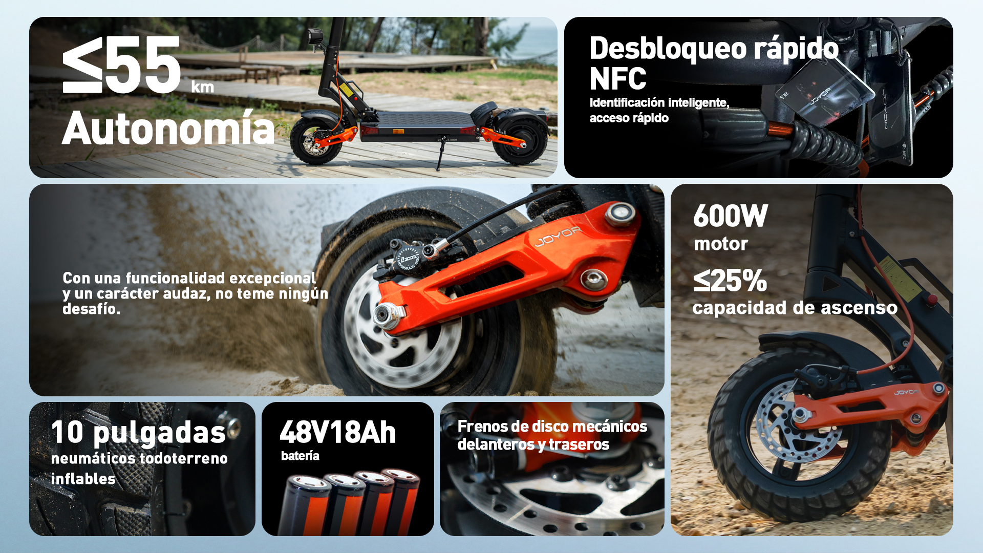 Patinete eléctrico: 55km autonomía, motor 600W, neumáticos 10", NFC, frenos disco.