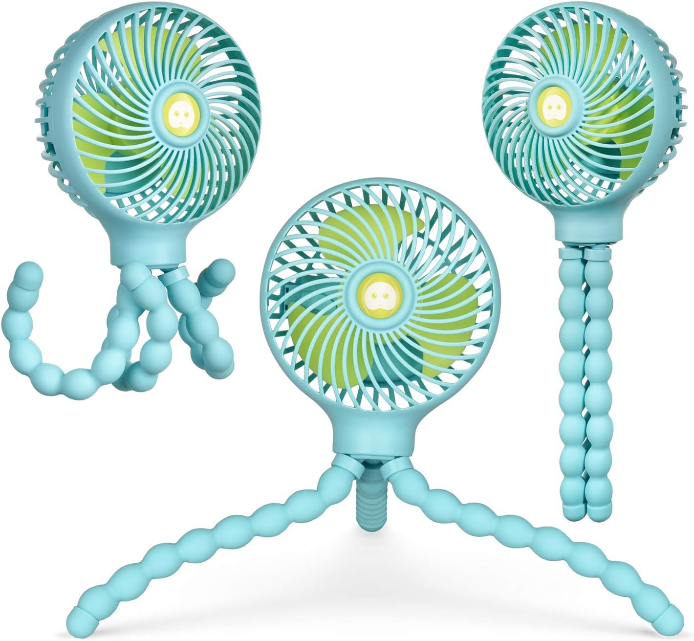 Drei hellblaue tragbare Ventilatoren mit flexiblen Beinen auf weißem Hintergrund.