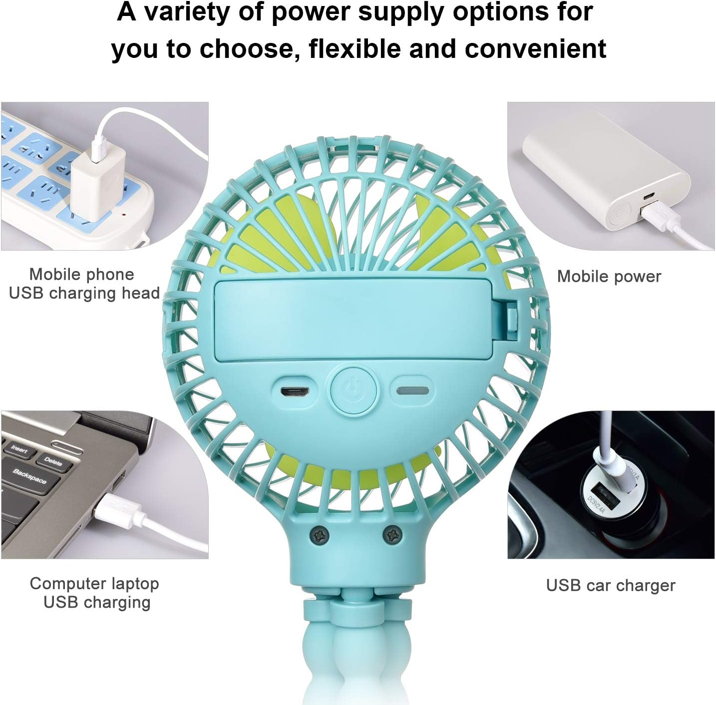 Ein türkiser Ventilator mit verschiedenen Lademöglichkeiten: Handy-Ladegerät, Powerbank, Laptop, Kfz-Ladegerät.