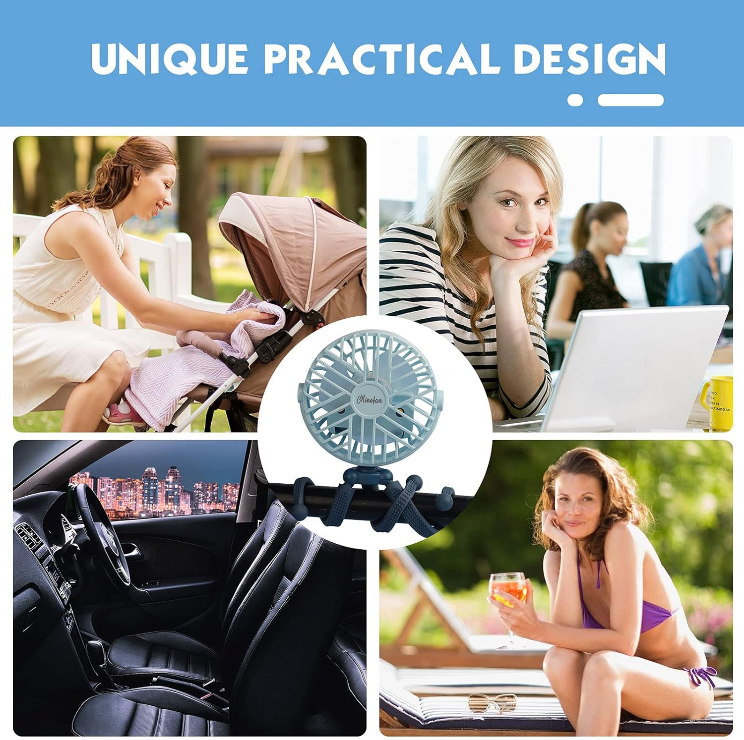 Collage zeigt Frau mit Kinderwagen, Frau am Laptop, Auto-Innenraum und Frau am Pool.