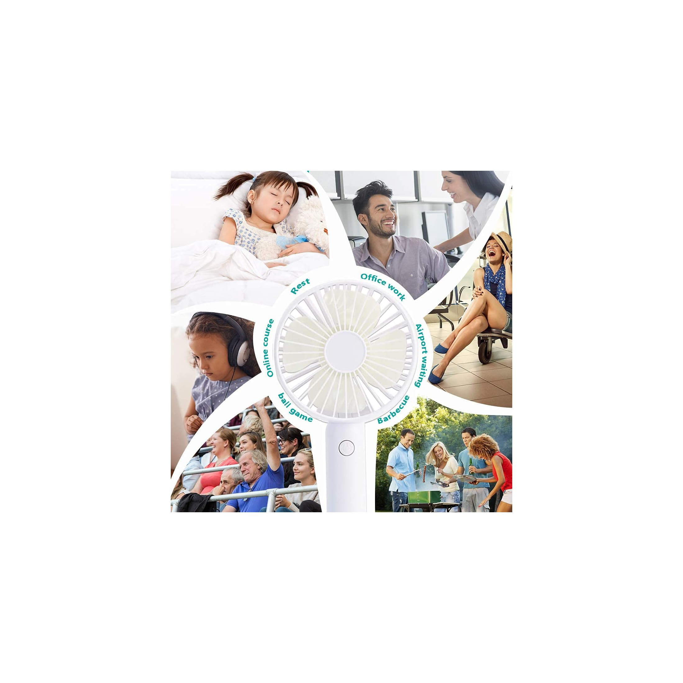 Ein tragbarer Ventilator mit 6 Szenen: Kind schläft, Büroarbeit, Flughafen, Grillen, Ballspiel, Onlinekurs.