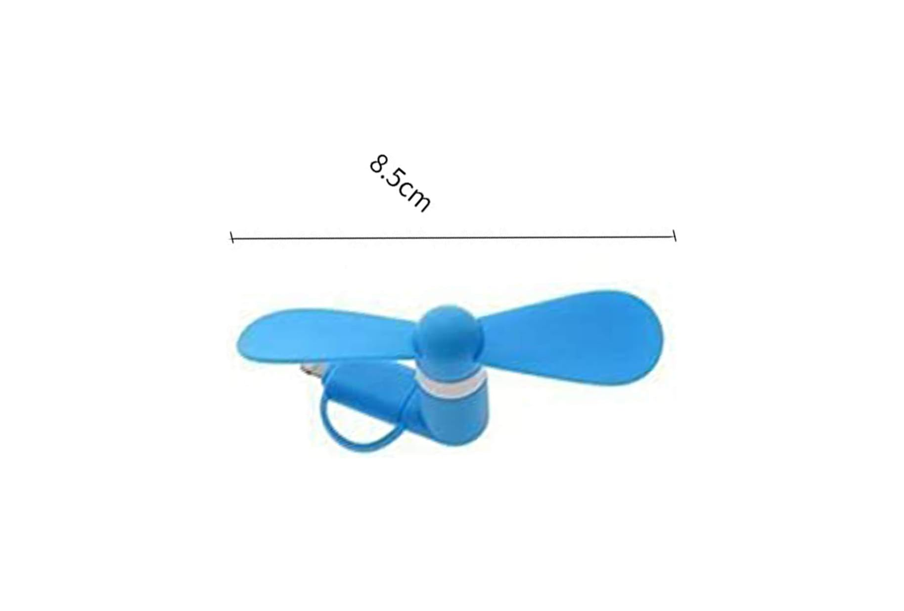 Ein kleiner blauer Ventilator mit 8,5 cm Größe, mit einem Ring zum Aufhängen.