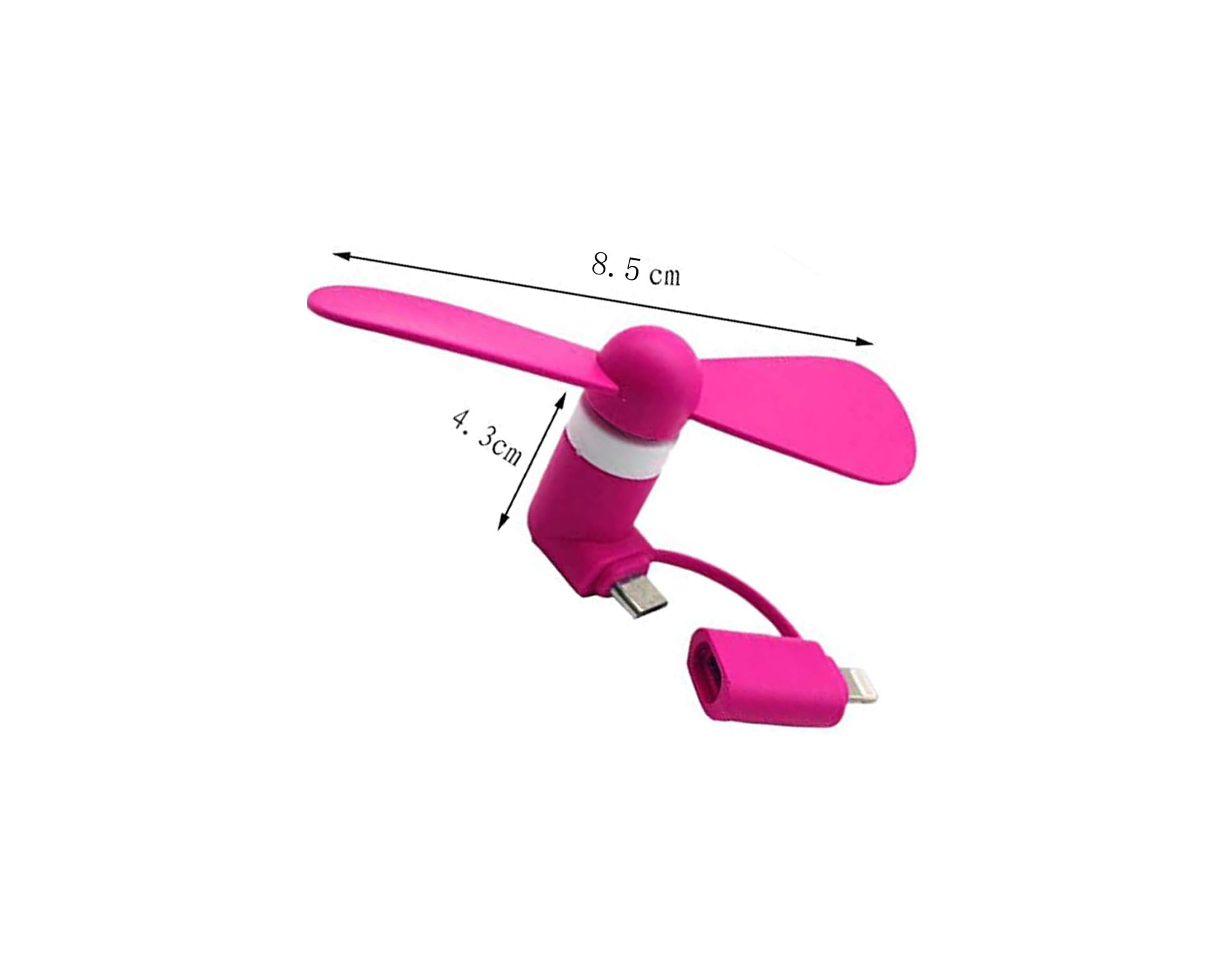 Ein kleiner pinker Ventilator mit USB-Anschluss und Lightning-Adapter.