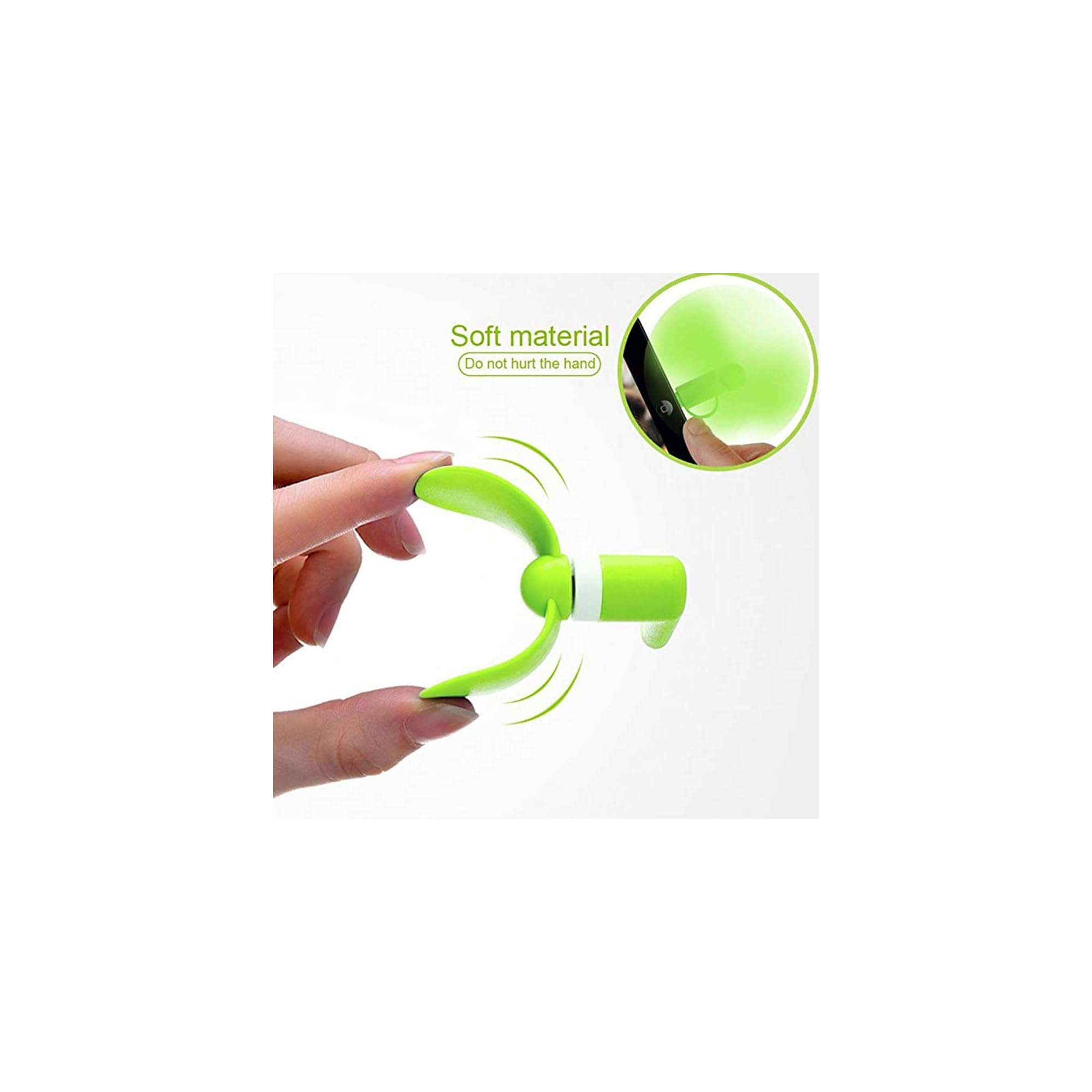 Grüner Mini-Ventilator mit weichem Material, der von Fingern gehalten wird.