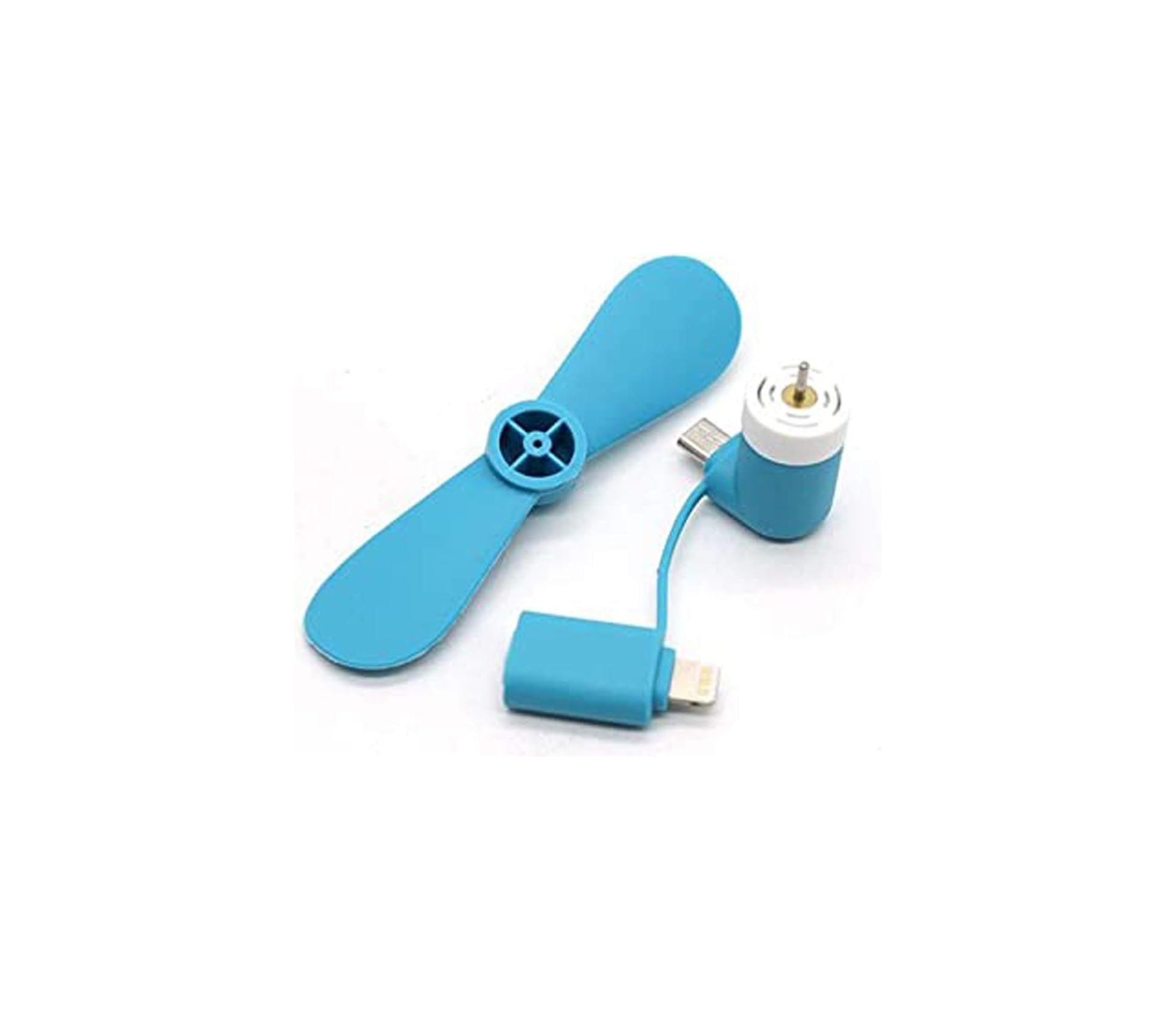 Ein blauer Propeller, Motor und Lightning-Adapter liegen auf weißem Grund.