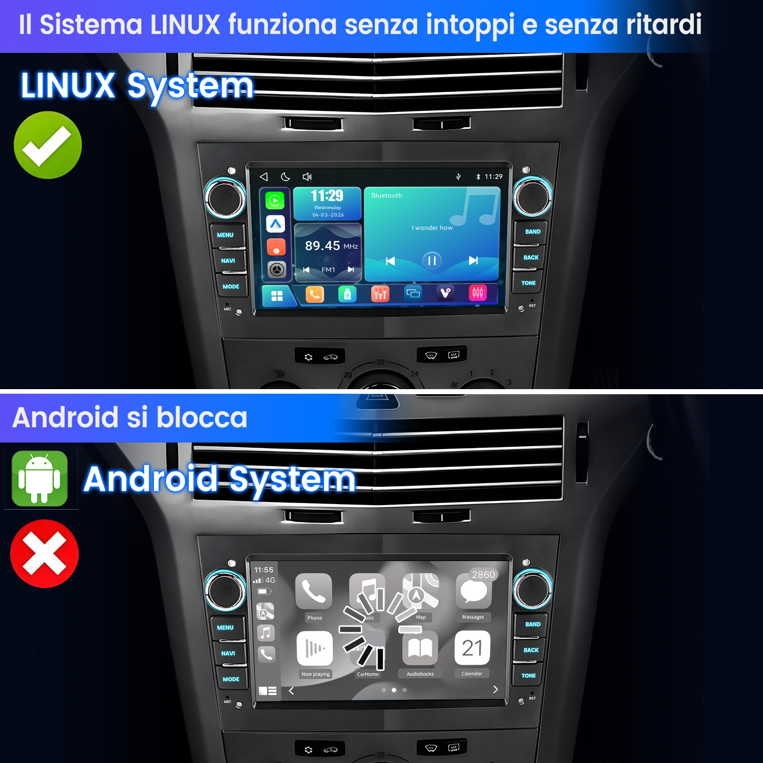 Immagine mostra una autoradio con sistema LINUX e un sistema Android.