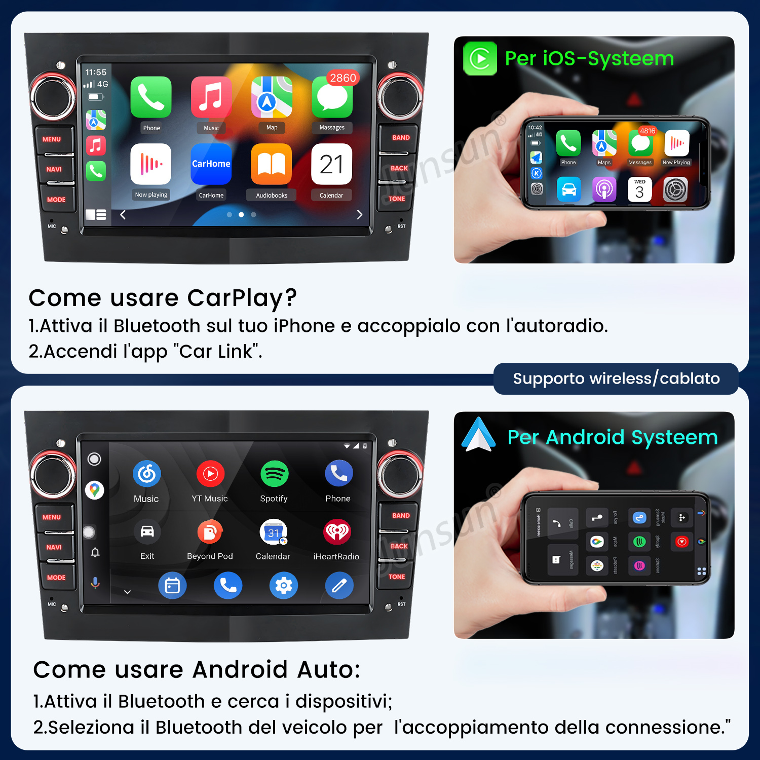 Autoradio che mostra CarPlay e Android Auto sullo schermo e schermata del telefono.