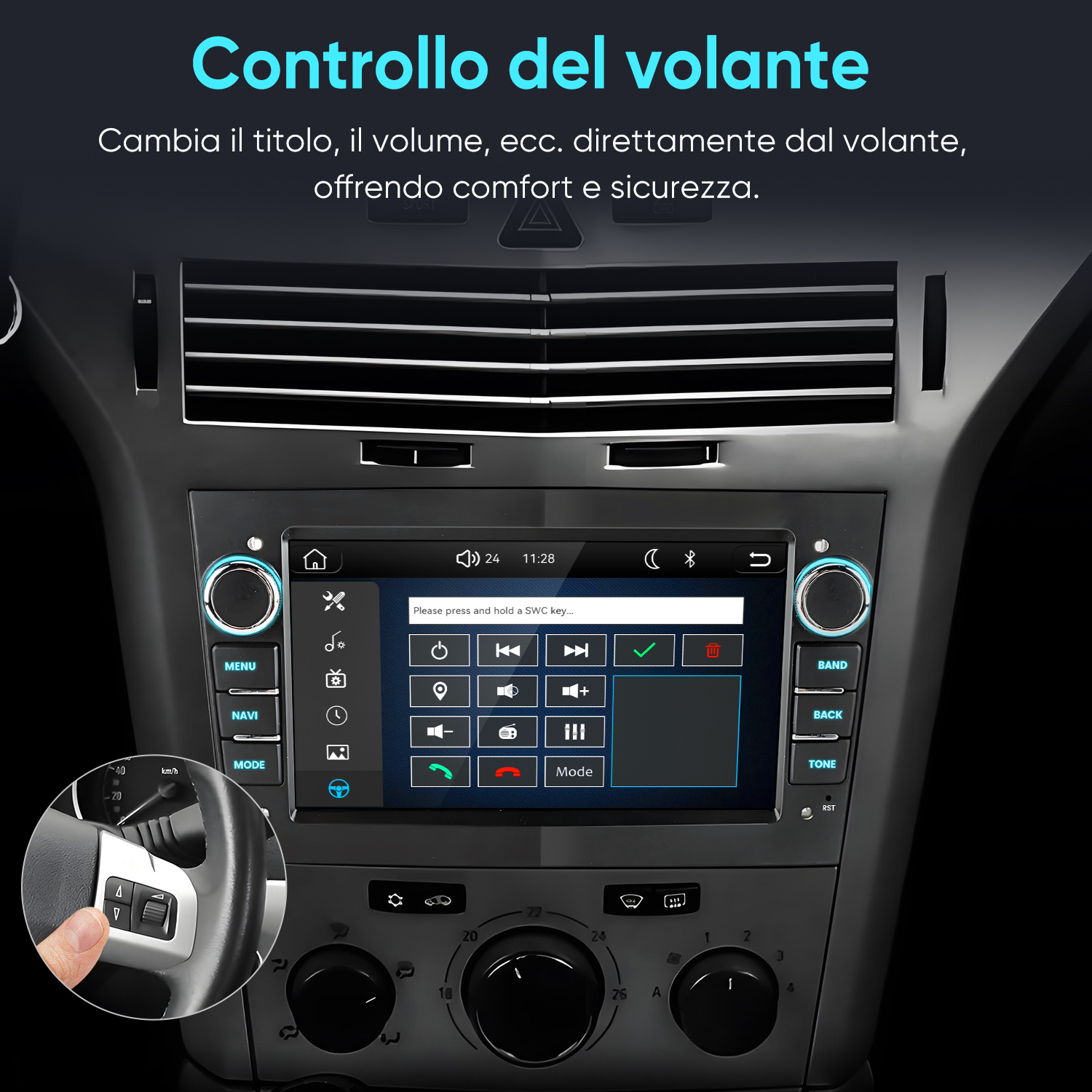 Un volante con comandi e un display dell'autoradio con opzioni di menu.