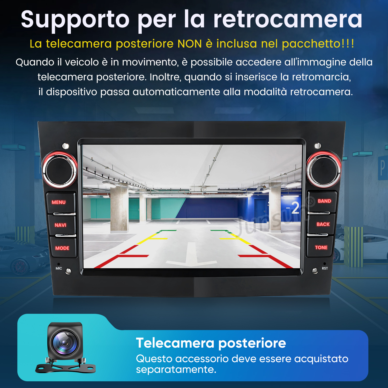 Autoradio con vista telecamera posteriore, e telecamera posteriore separata sotto.