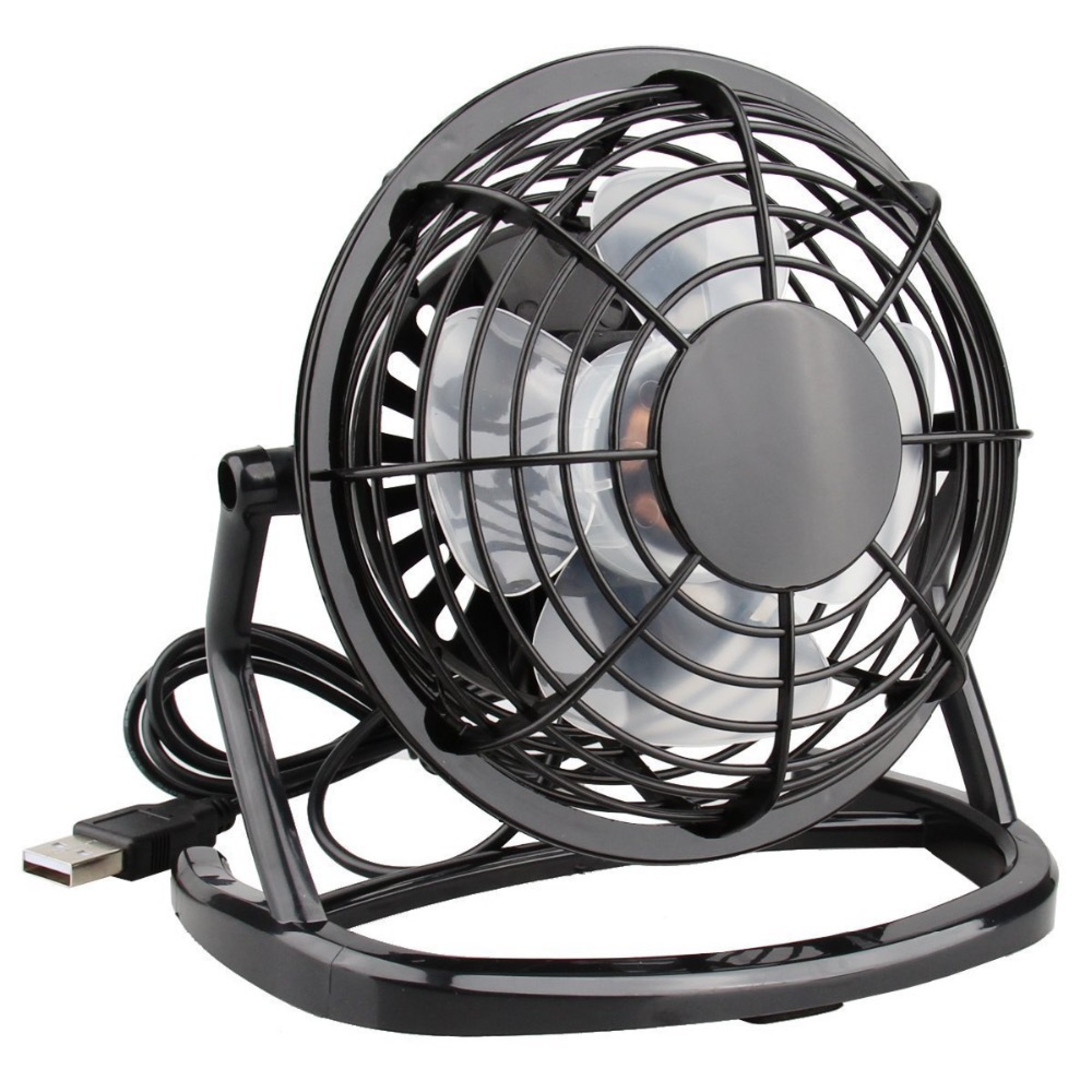 Ein kleiner, schwarzer USB-Tischventilator mit transparenten Rotorblättern und Metallgitter.