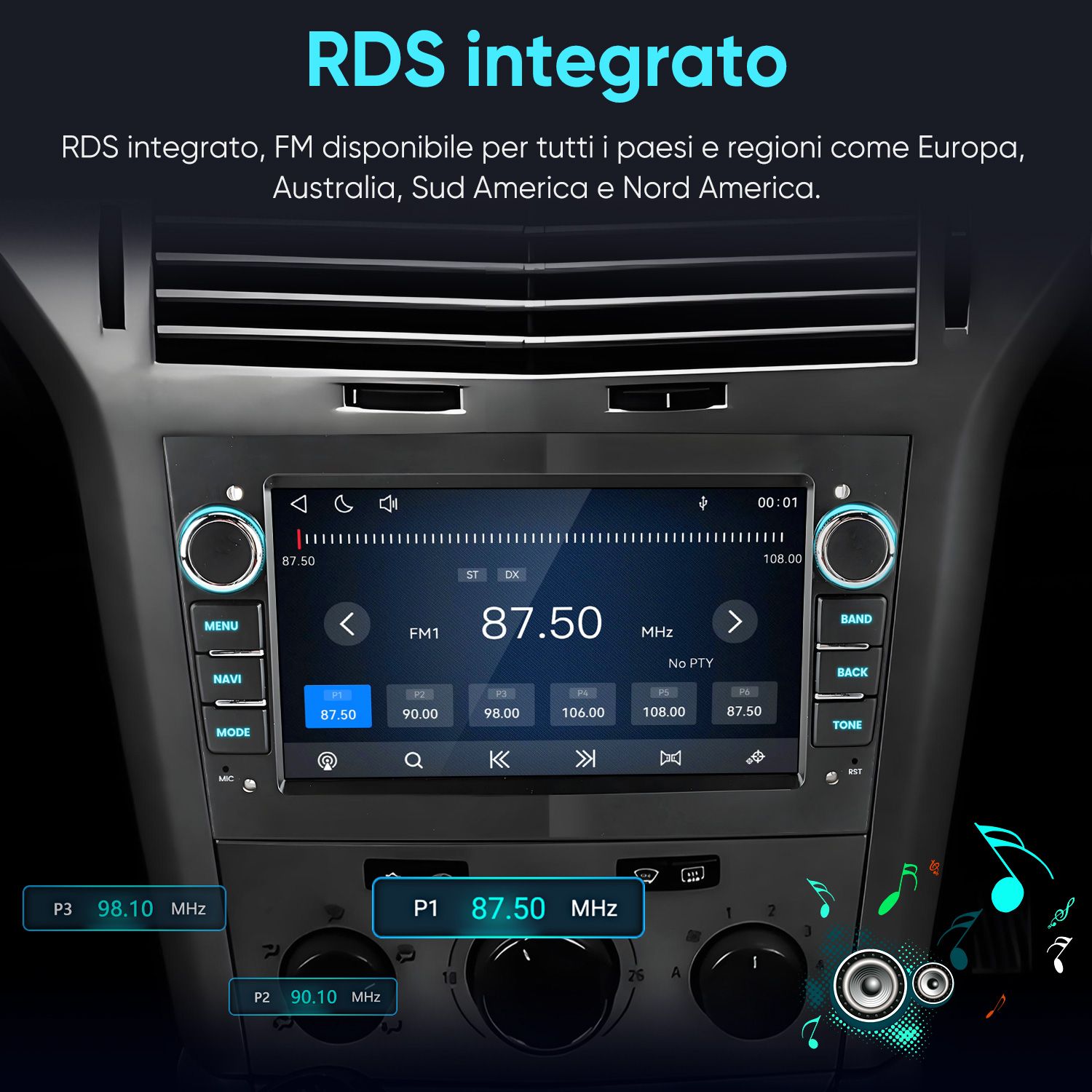 Un moderno schermo per autoradio che mostra la frequenza FM, pulsanti e manopole.