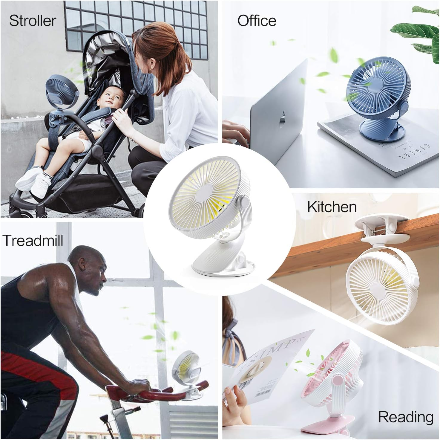 Kleiner Ventilator neben Kinderwagen, Büro, Küche, Laufband und beim Lesen.