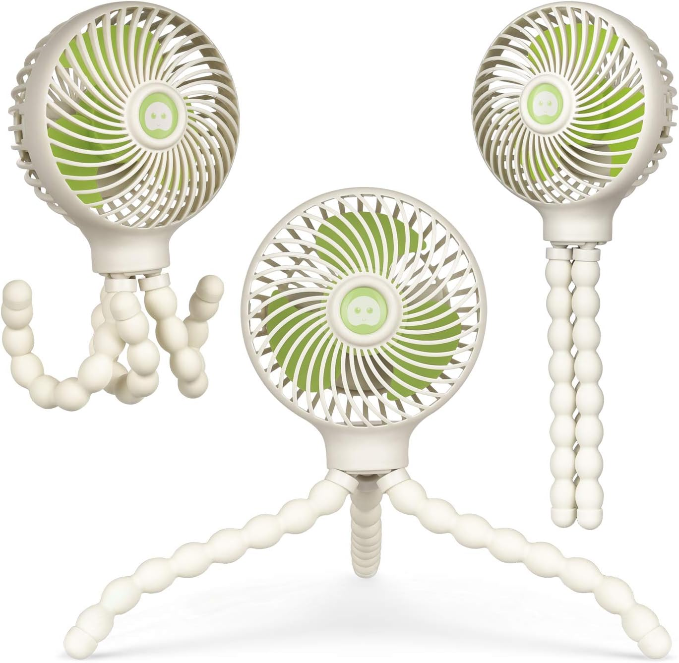 Drei weiße Ventilatoren mit flexiblen Beinen und grünen Innenseiten.