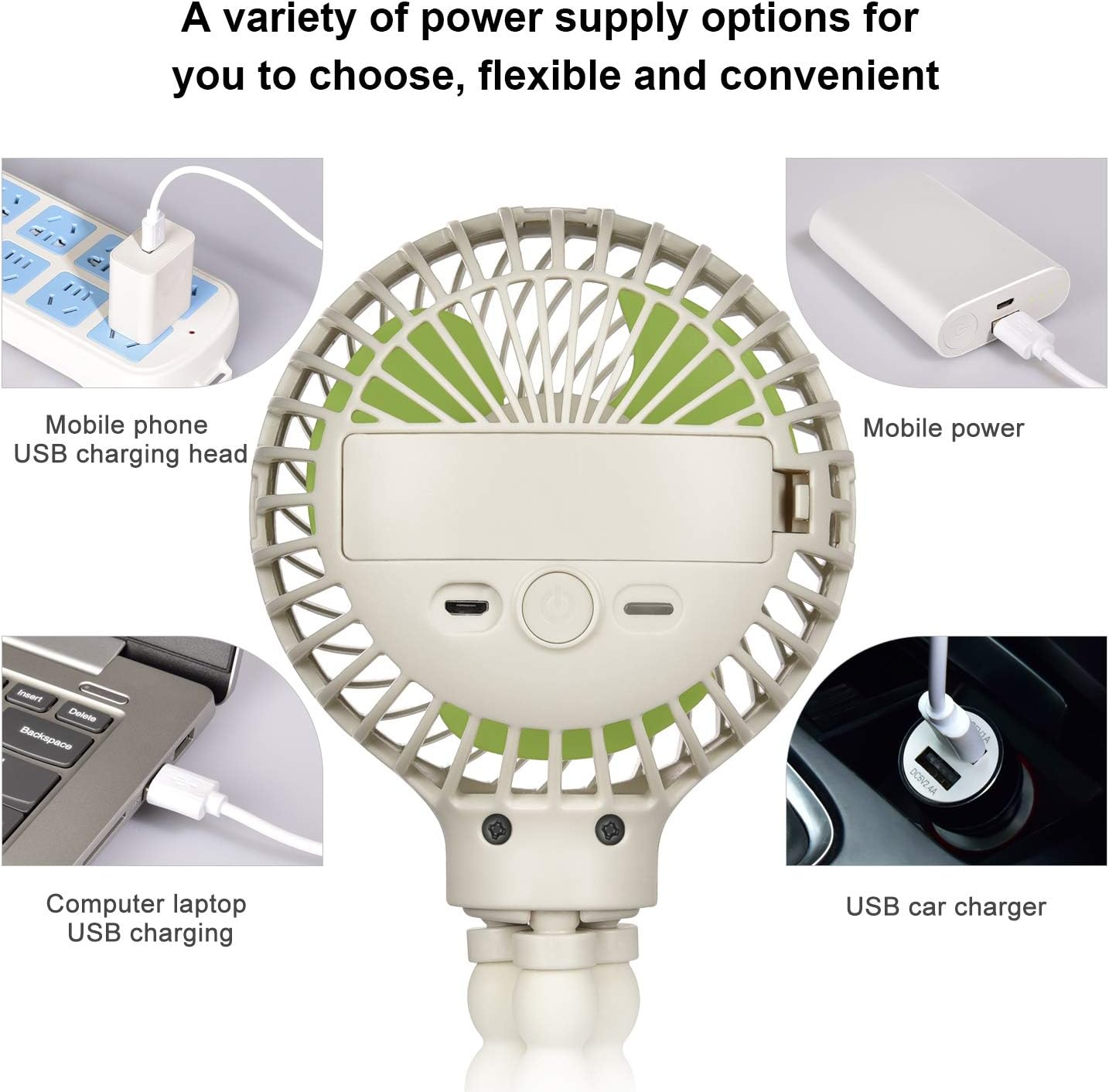 Ein Ventilator mit mehreren Ladeoptionen: Steckdose, Powerbank, Laptop, Autoladegerät.