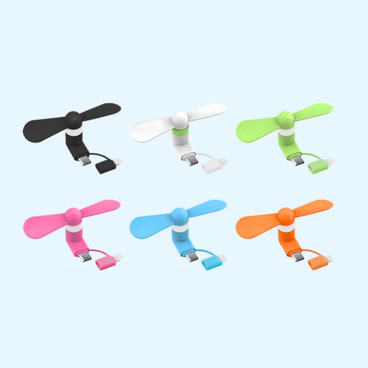 Sechs kleine USB-Ventilatoren in verschiedenen Farben auf hellblauem Hintergrund.