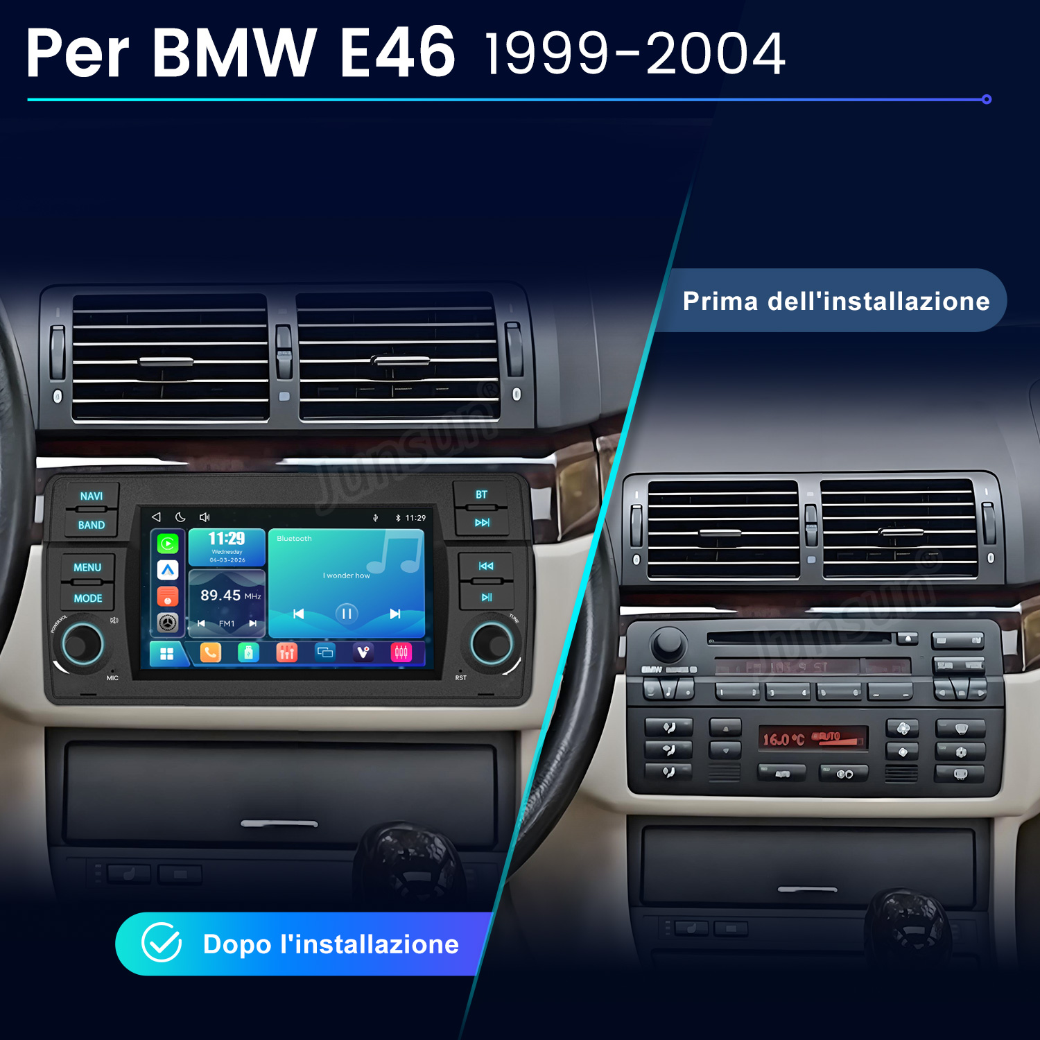 Confronto cruscotto BMW E46 prima e dopo l'installazione nuovo sistema infotainment.