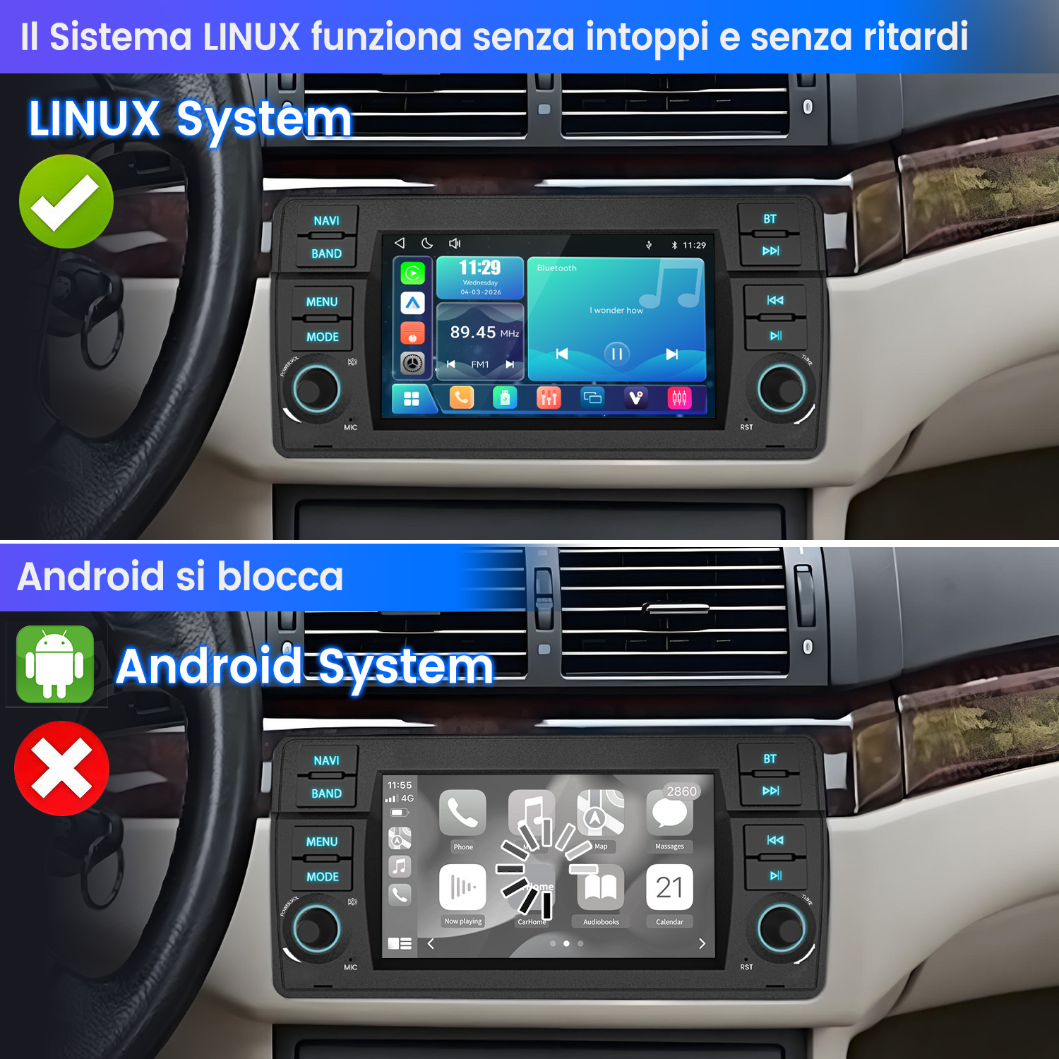 Immagine divisa: In alto un sistema Linux funzionante, in basso un sistema Android bloccato.